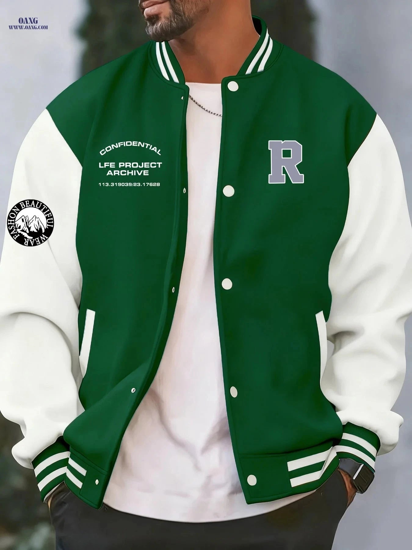 Stylish Men's Baseball Jacket - Creative 'R' Print, Casual Fit   OAXG 