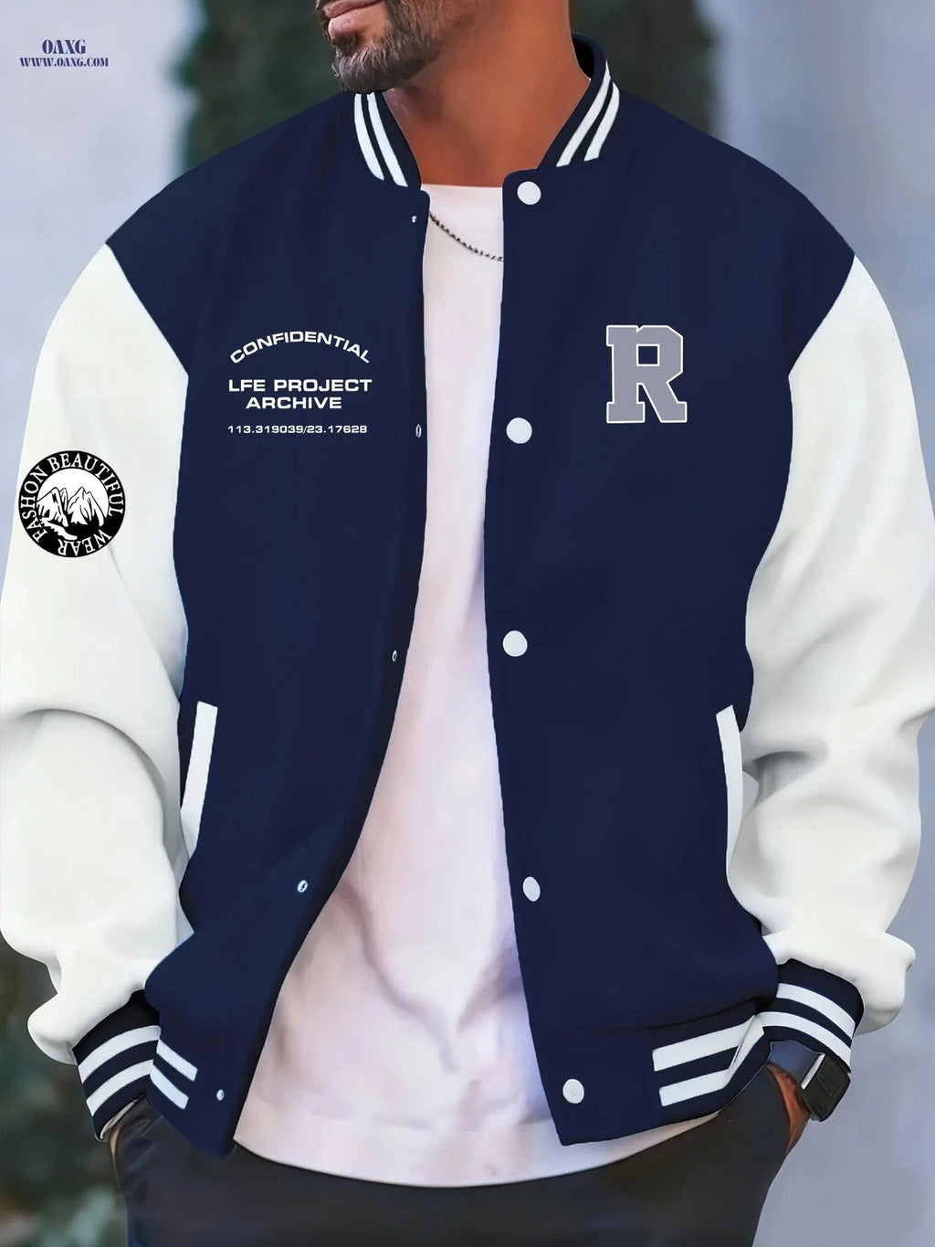 Stylish Men's Baseball Jacket - Creative 'R' Print, Casual Fit   OAXG 