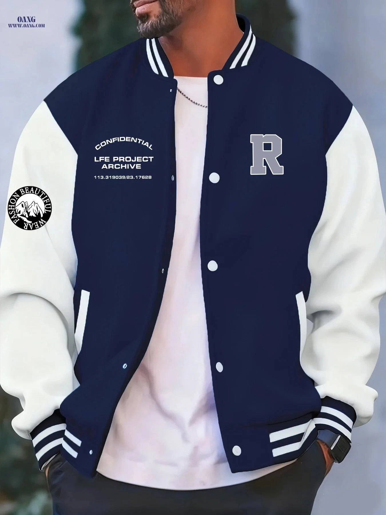 Stylish Men's Baseball Jacket - Creative 'R' Print, Casual Fit   OAXG 