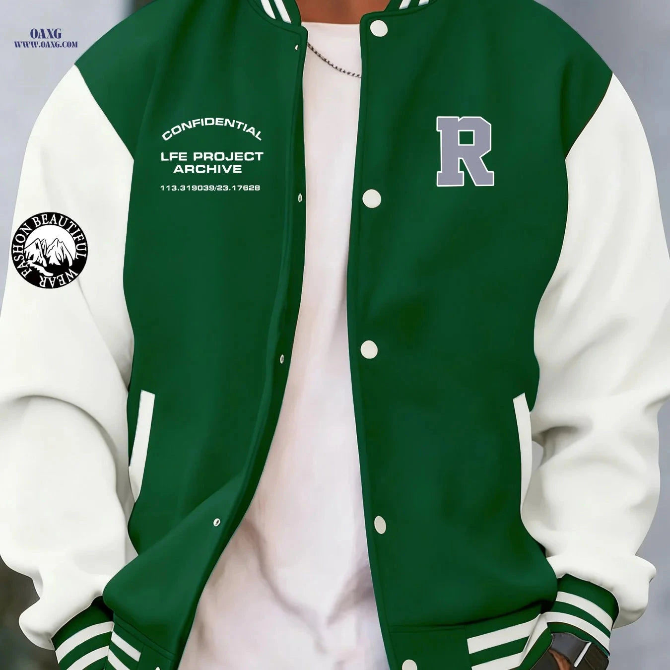 Stylish Men's Baseball Jacket - Creative 'R' Print, Casual Fit   OAXG 
