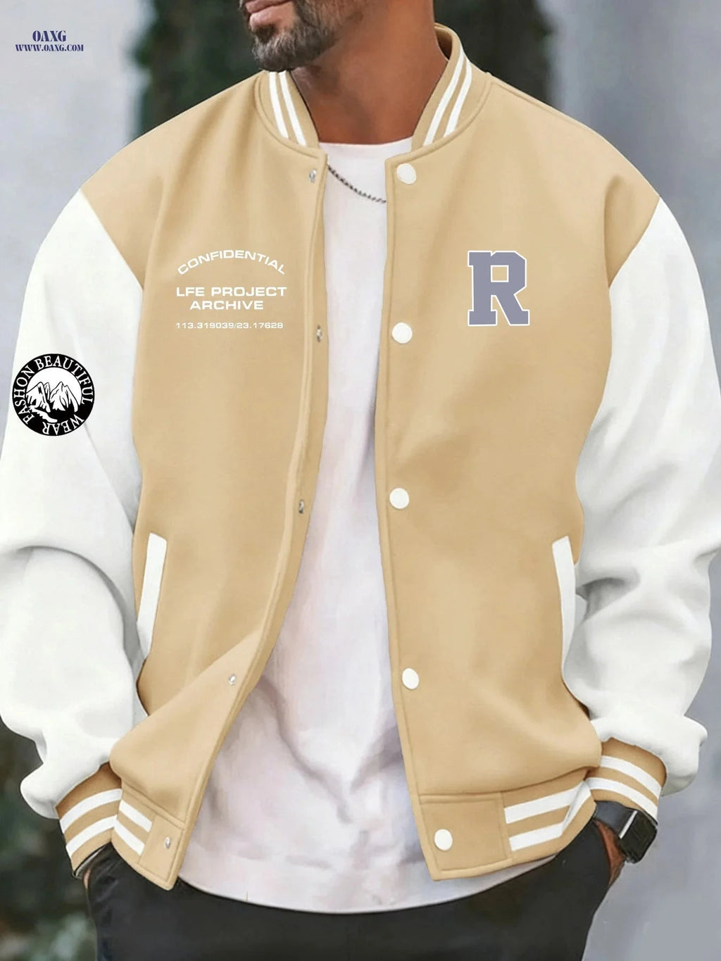 Stylish Men's Baseball Jacket - Creative 'R' Print, Casual Fit   OAXG Khaki / FR S