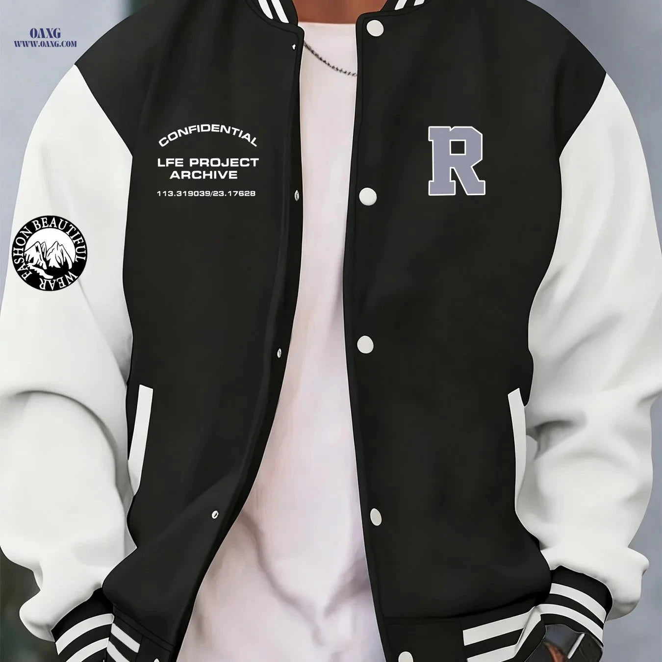 Stylish Men's Baseball Jacket - Creative 'R' Print, Casual Fit   OAXG Khaki / FR S