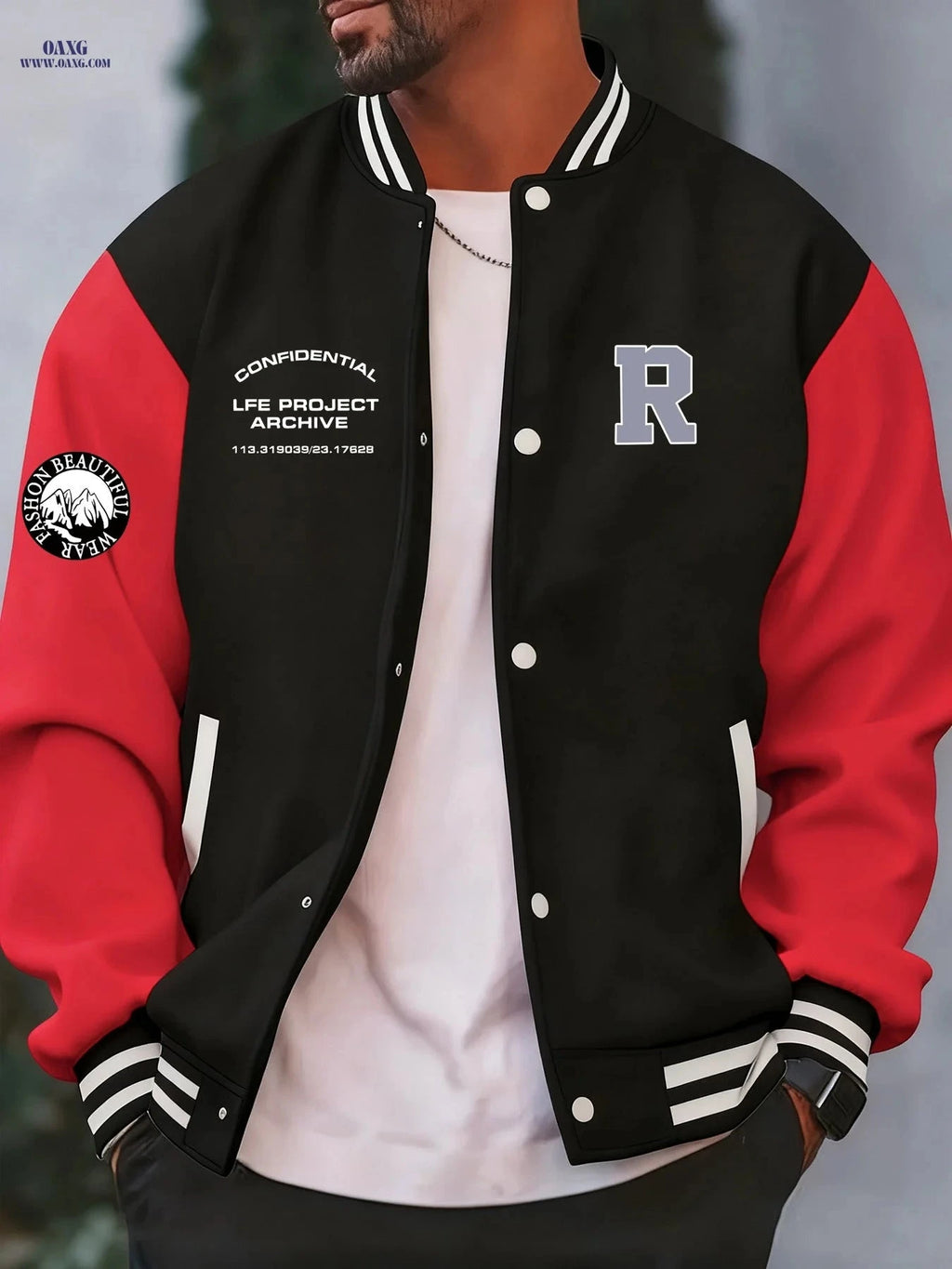 Stylish Men's Baseball Jacket - Creative 'R' Print, Casual Fit   OAXG Khaki / FR S