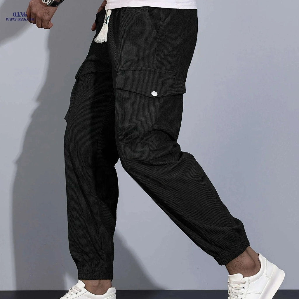 Stylish Men's Cargo Pants - Multi Pocket Drawstring Joggers   OAXG Black / FR S