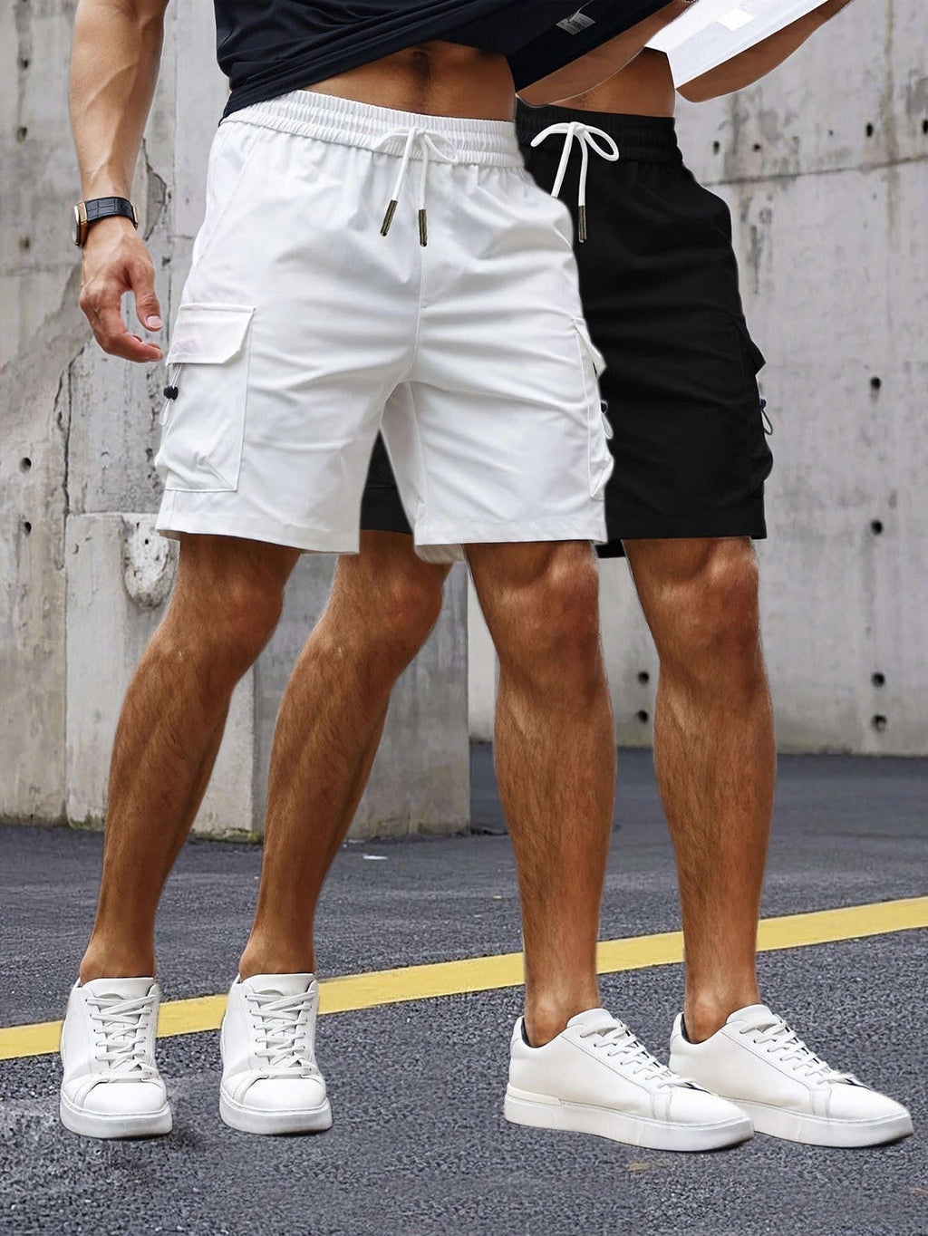 Stylish Men's Cargo Shorts - Set of 2 with 3D Pockets   OAXG White+black / FR S