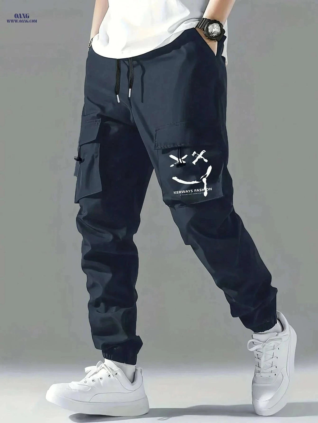 Stylish Men's Casual Cargo Pants - Multiple Pockets & Drawstring   OAXG Blue / S