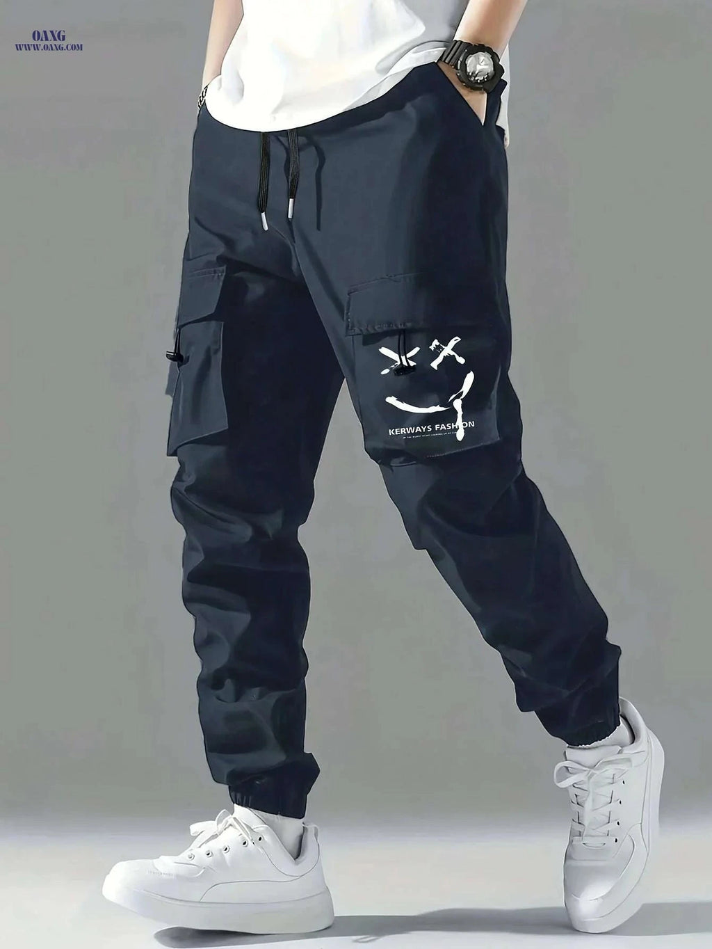 Stylish Men's Casual Cargo Pants - Multiple Pockets & Drawstring   OAXG Blue / S