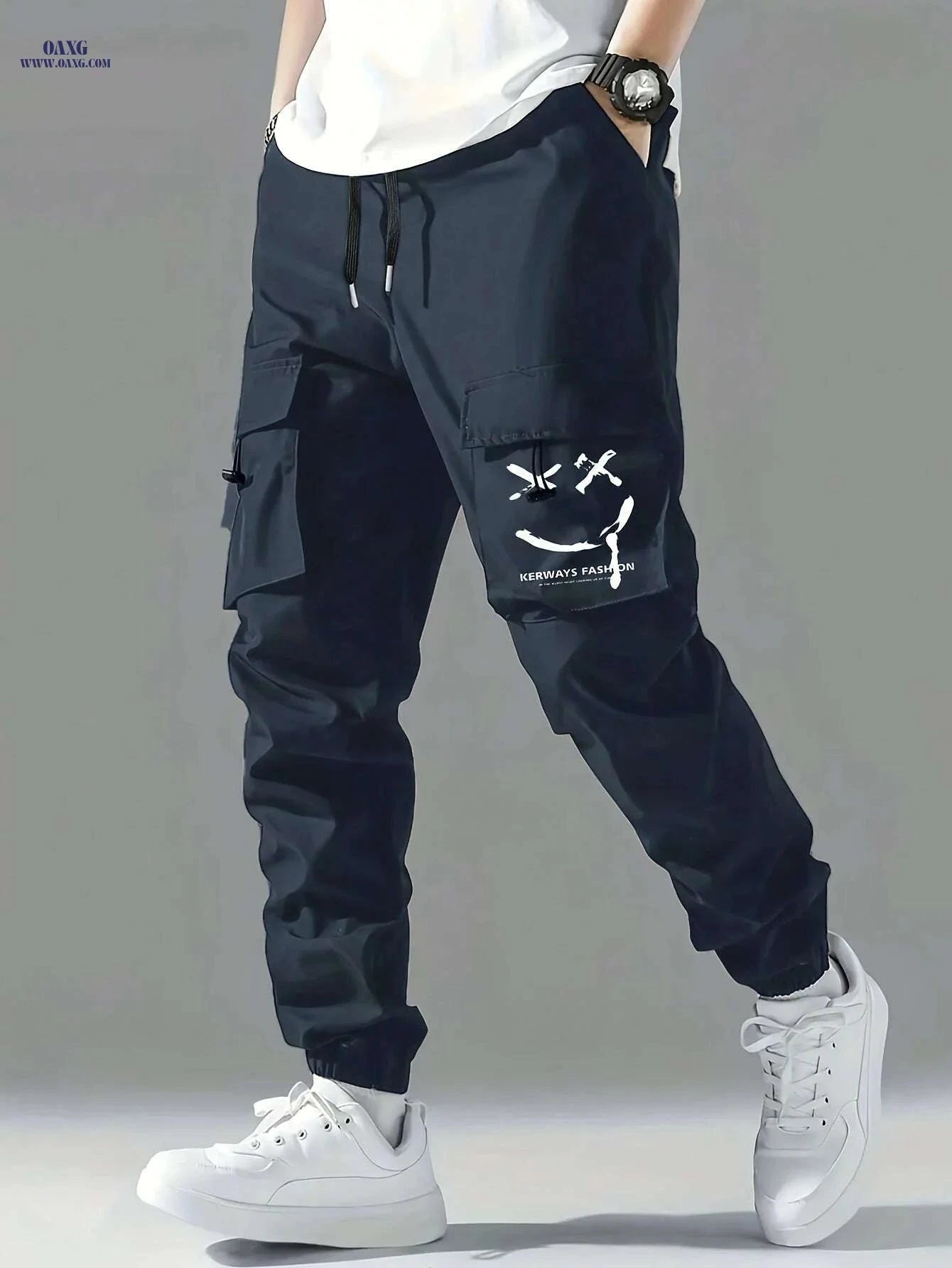 Stylish Men's Casual Cargo Pants - Multiple Pockets & Drawstring   OAXG Blue / S