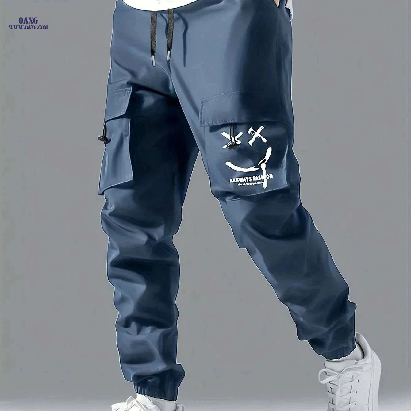Stylish Men's Casual Cargo Pants - Multiple Pockets & Drawstring   OAXG Blue / S