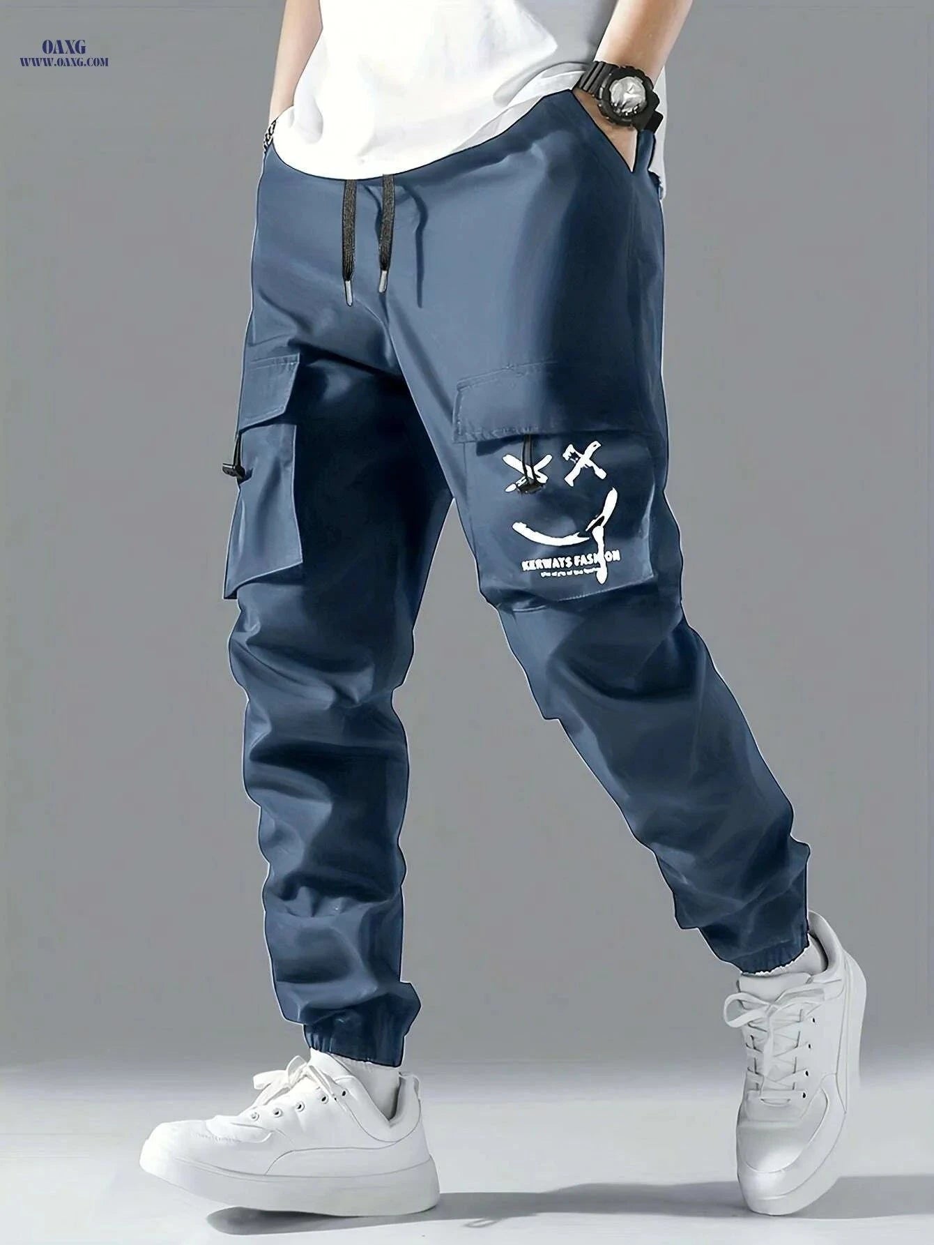Stylish Men's Casual Cargo Pants - Multiple Pockets & Drawstring   OAXG Blue / S