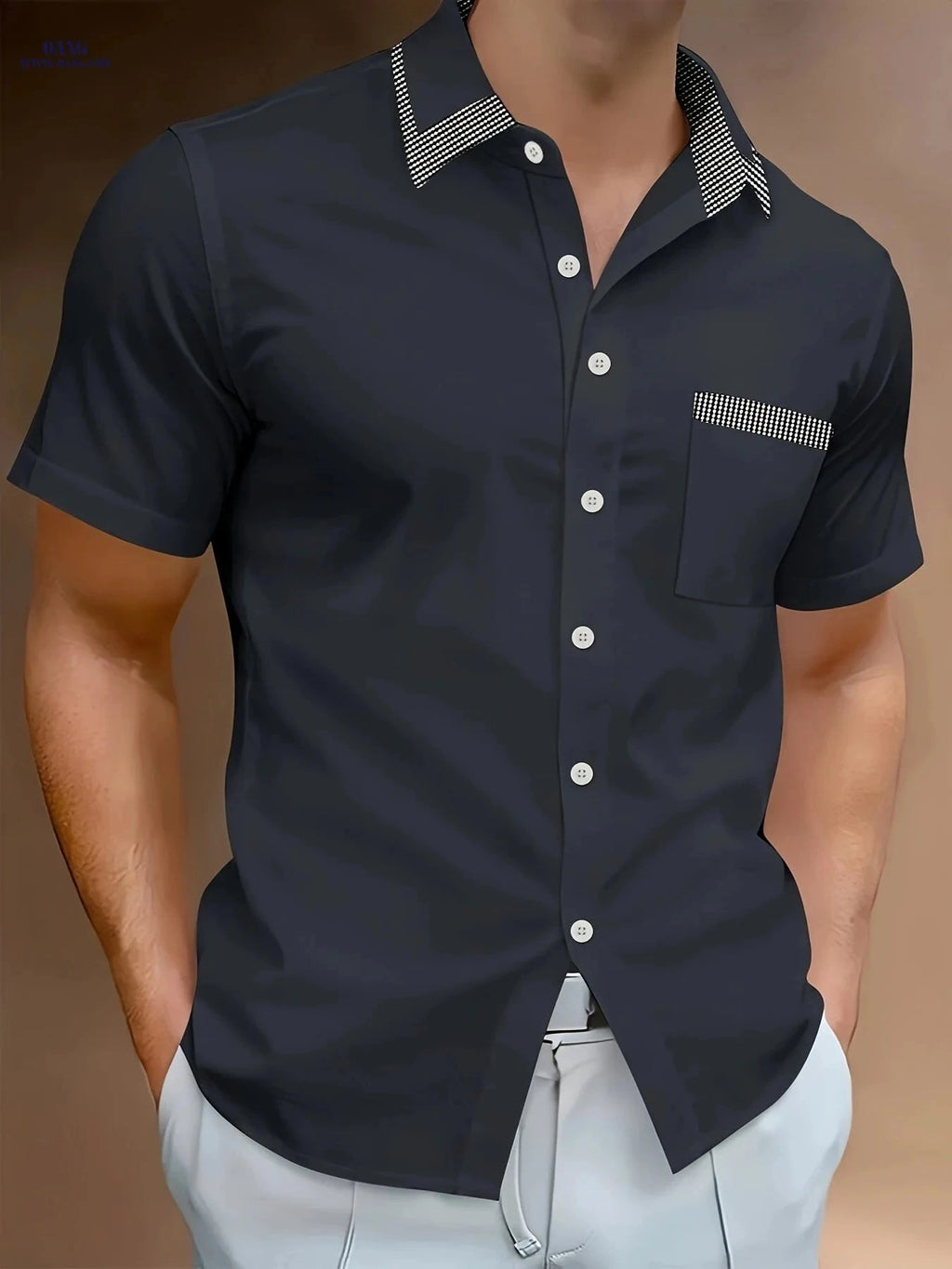 Stylish Men's Casual Light Business Shirt - Short Sleeve, Color Block   OAXG 