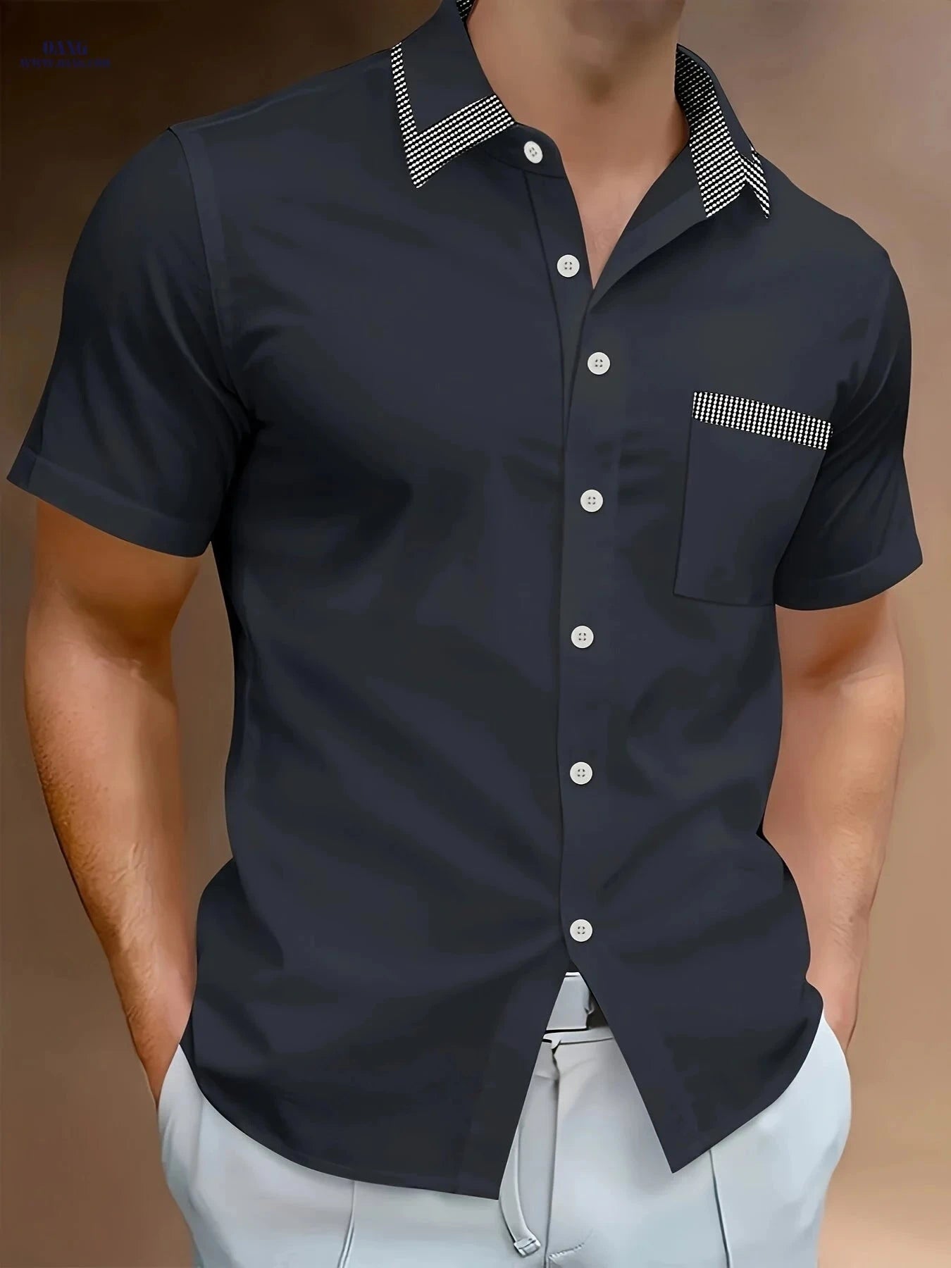 Stylish Men's Casual Light Business Shirt - Short Sleeve, Color Block   OAXG 