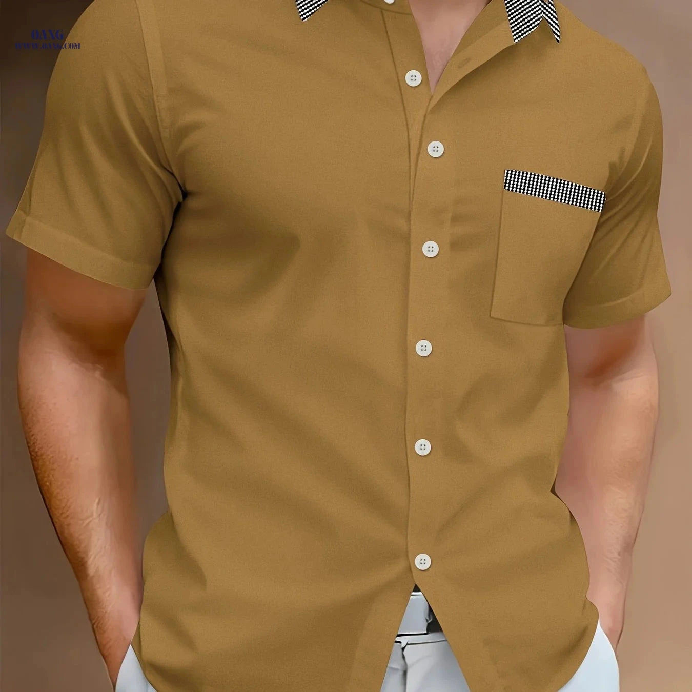 Stylish Men's Casual Light Business Shirt - Short Sleeve, Color Block   OAXG 