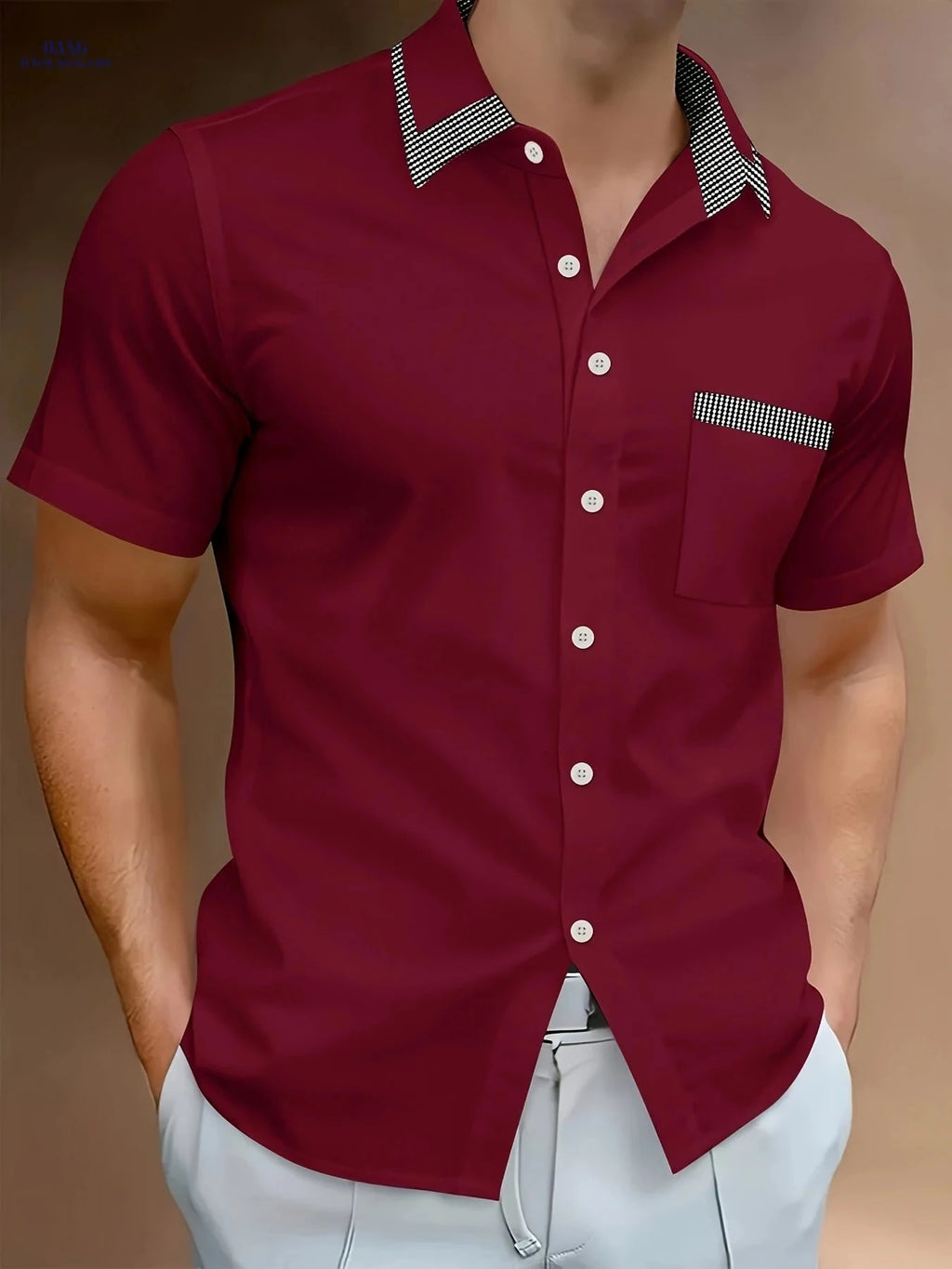 Stylish Men's Casual Light Business Shirt - Short Sleeve, Color Block   OAXG Army Green / FR S