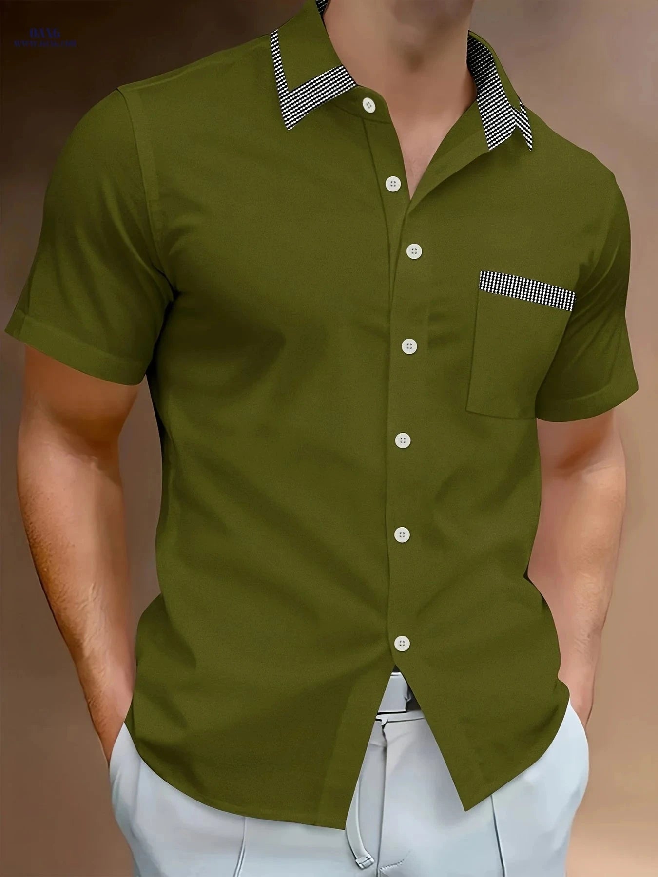 Stylish Men's Casual Light Business Shirt - Short Sleeve, Color Block   OAXG Army Green / FR S