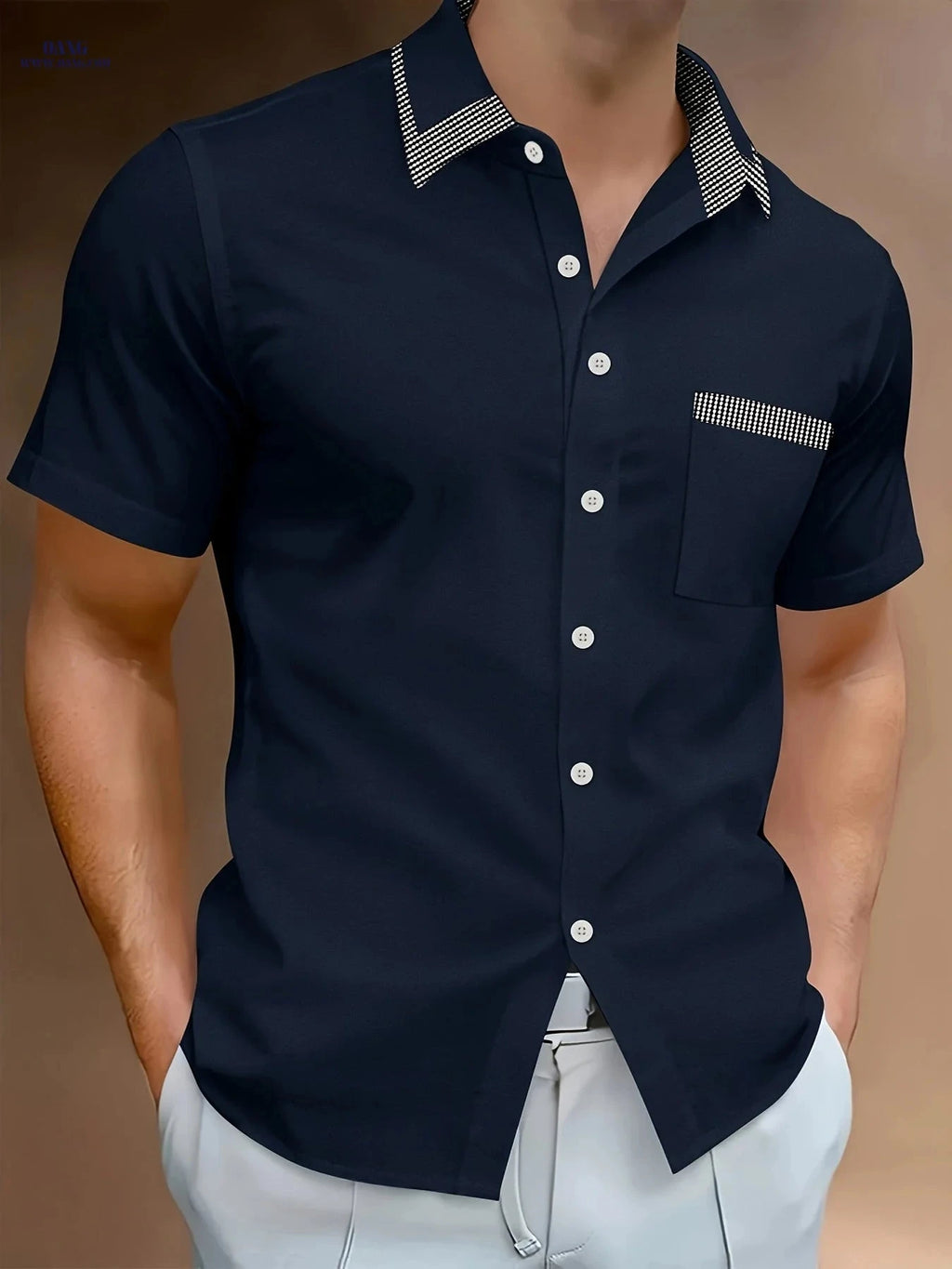 Stylish Men's Casual Light Business Shirt - Short Sleeve, Color Block   OAXG 
