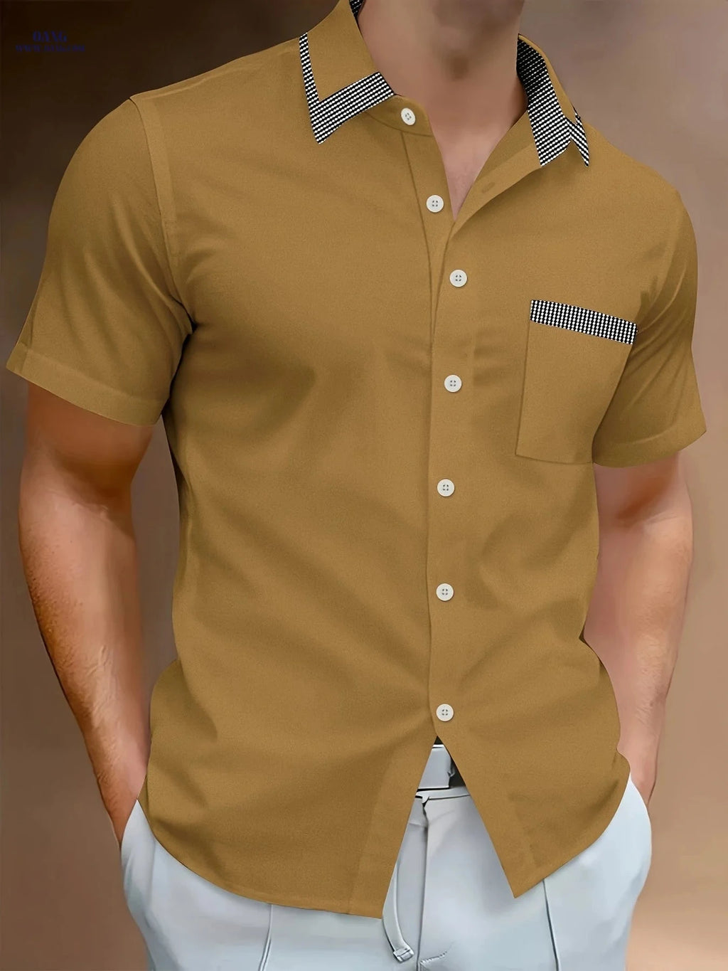 Stylish Men's Casual Light Business Shirt - Short Sleeve, Color Block   OAXG 