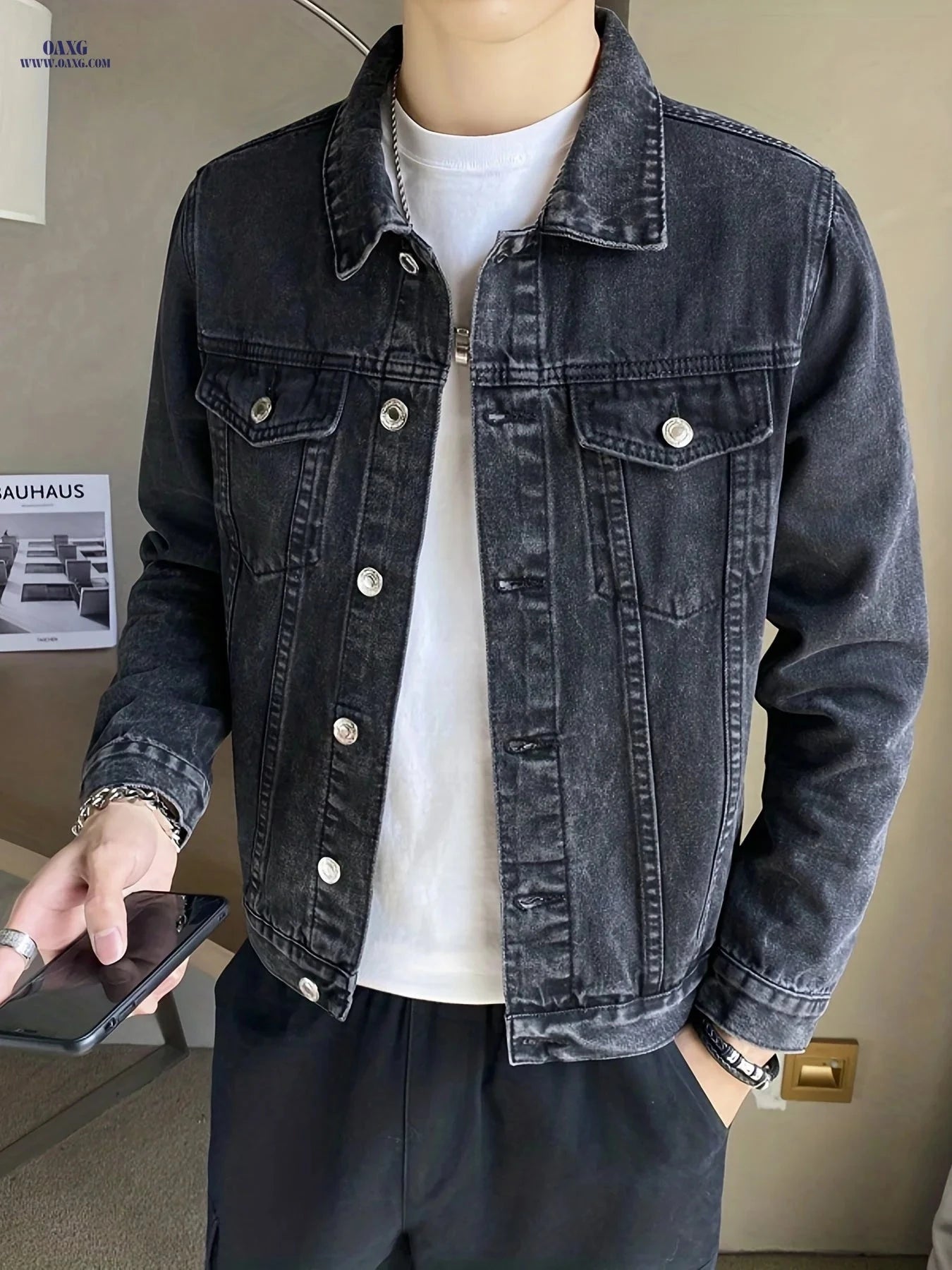 Stylish Men's Denim Jacket - Casual Long Sleeve Regular Fit   OAXG 