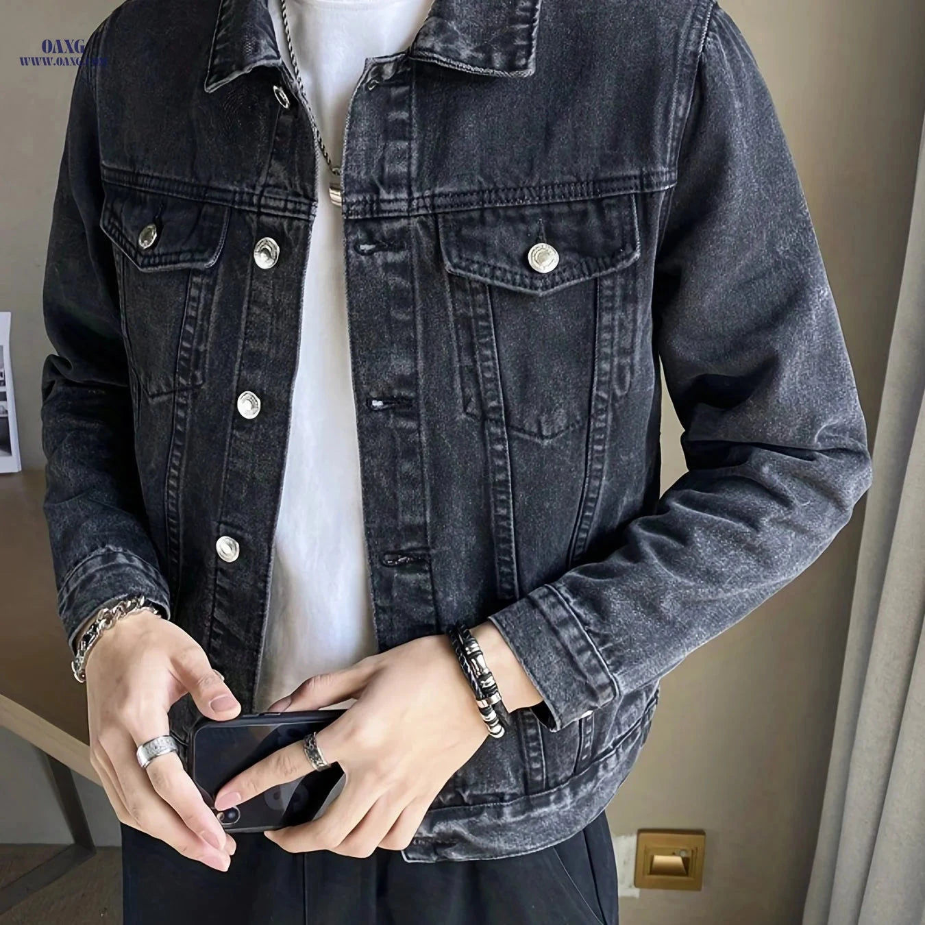 Stylish Men's Denim Jacket - Casual Long Sleeve Regular Fit   OAXG Dark Gray / FR XXS