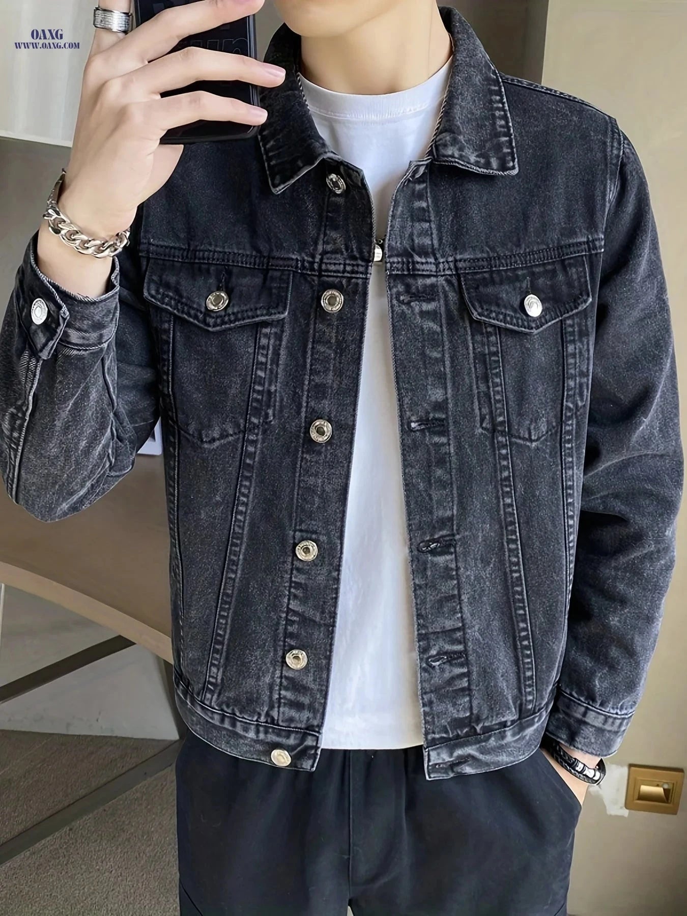 Stylish Men's Denim Jacket - Casual Long Sleeve Regular Fit   OAXG Dark Gray / FR XXS