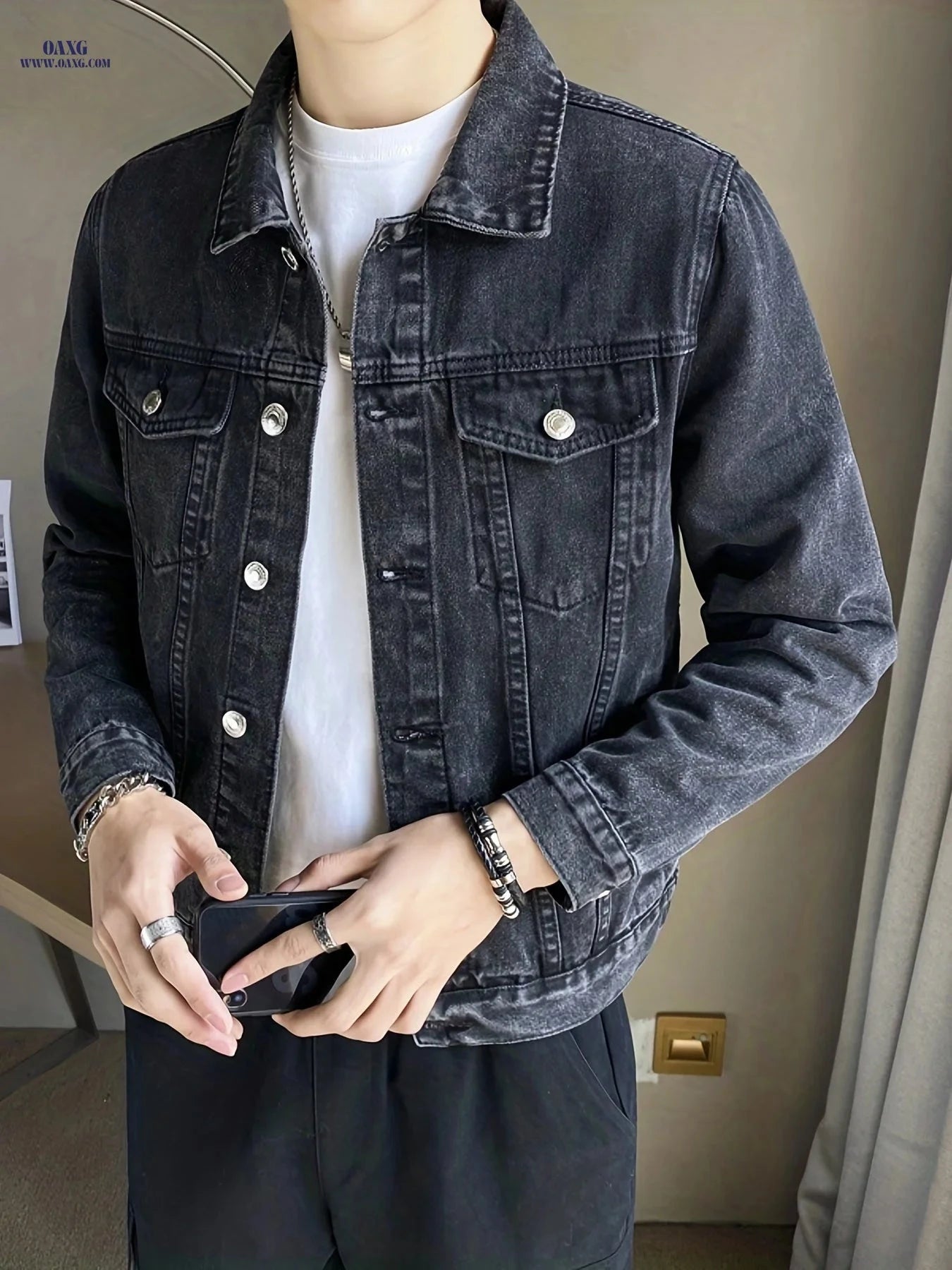 Stylish Men's Denim Jacket - Casual Long Sleeve Regular Fit   OAXG Dark Gray / FR XXS