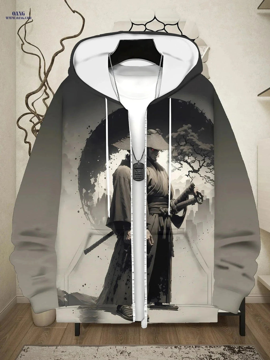 Stylish Men's Hooded Jacket - Samurai Print, Zip-Up Design for Fall   OAXG 【Multicolor】 / FR M