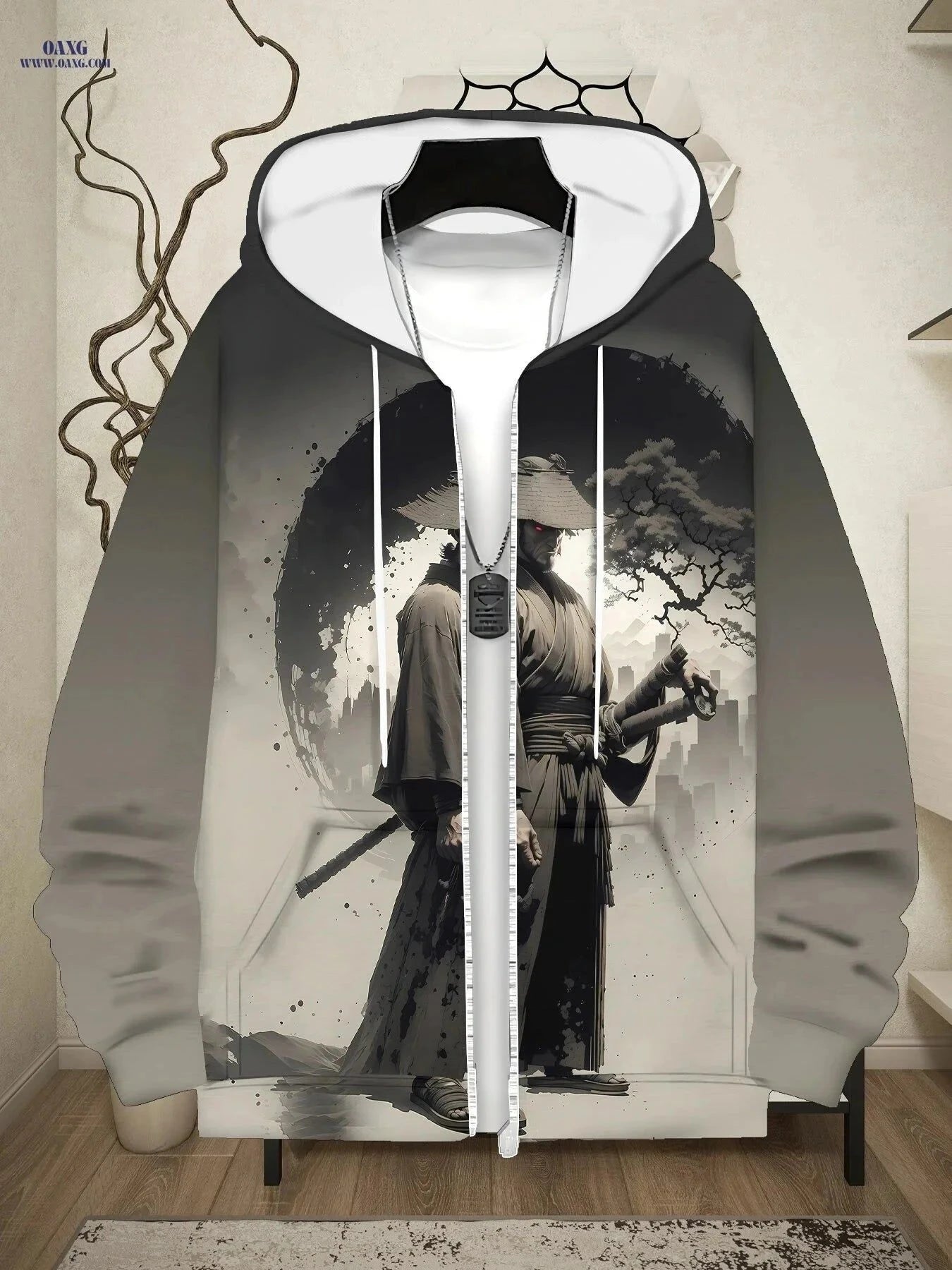 Stylish Men's Hooded Jacket - Samurai Print, Zip-Up Design for Fall   OAXG 【Multicolor】 / FR M