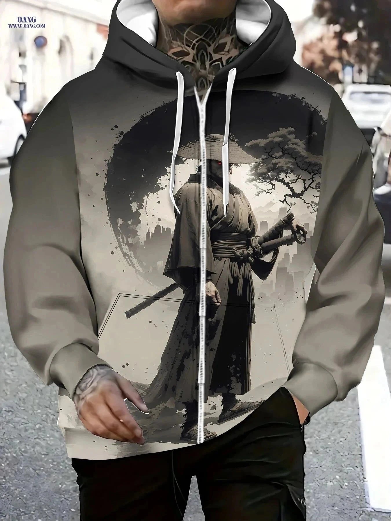 Stylish Men's Hooded Jacket - Samurai Print, Zip-Up Design for Fall   OAXG 【Multicolor】 / FR M