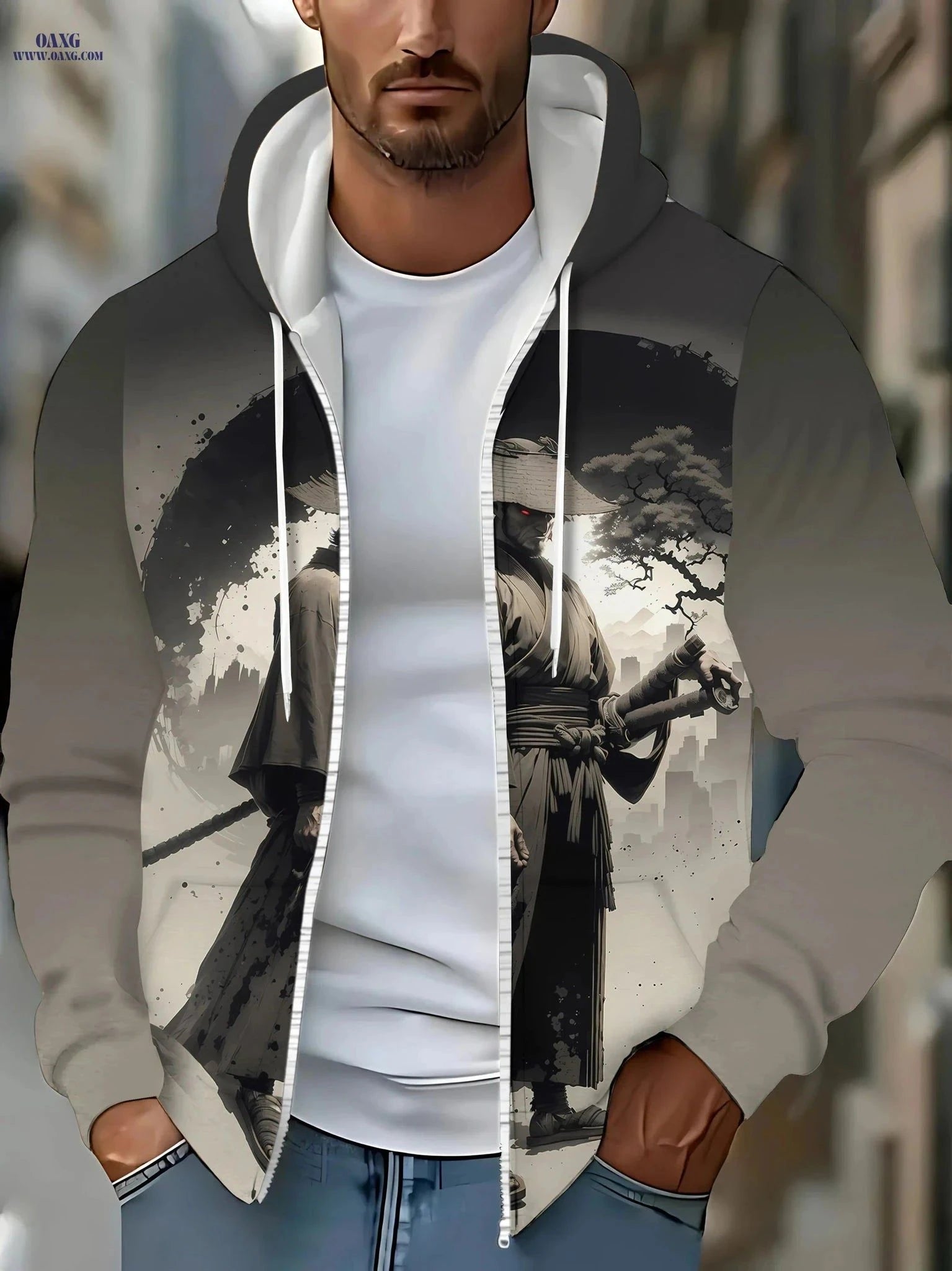 Stylish Men's Hooded Jacket - Samurai Print, Zip-Up Design for Fall   OAXG 【Multicolor】 / FR M
