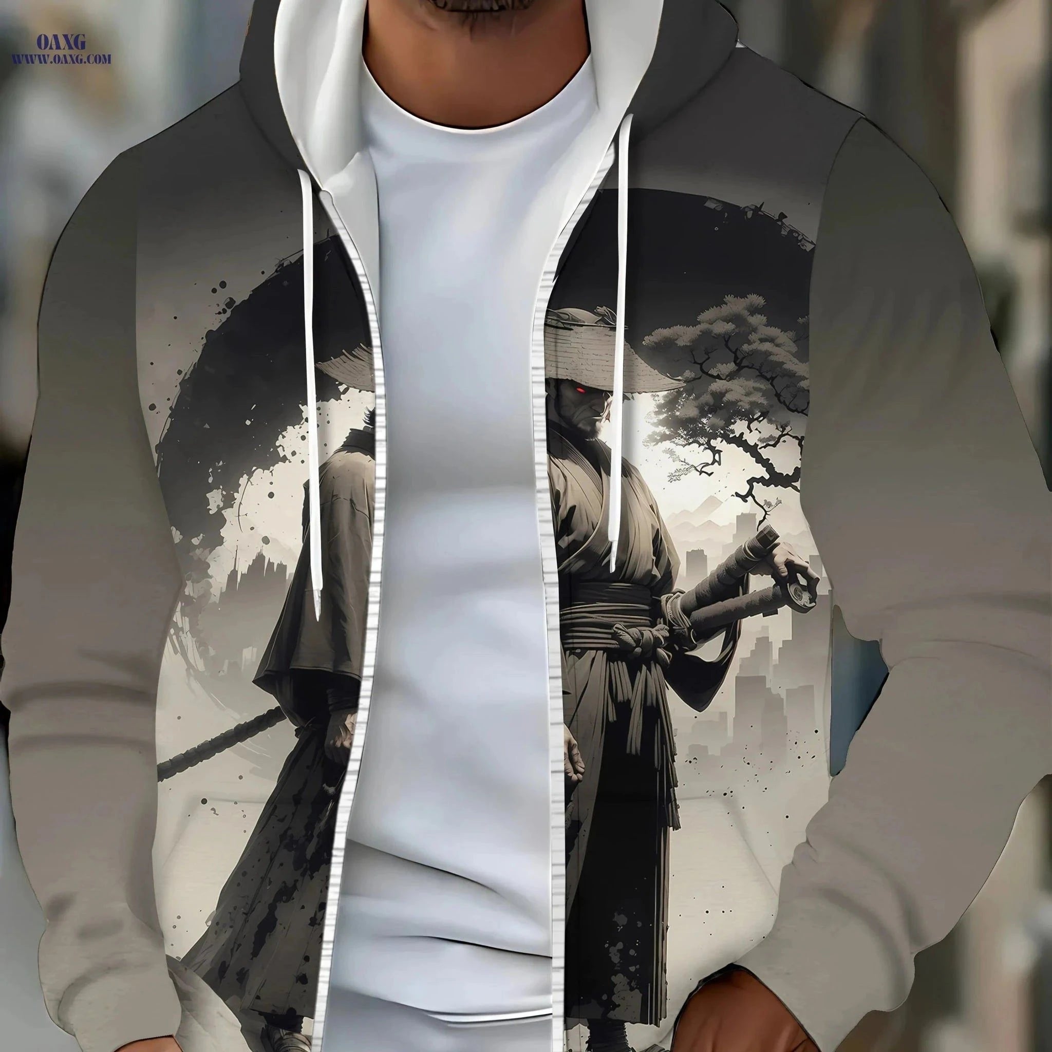 Stylish Men's Hooded Jacket - Samurai Print, Zip-Up Design for Fall   OAXG 【Multicolor】 / FR M