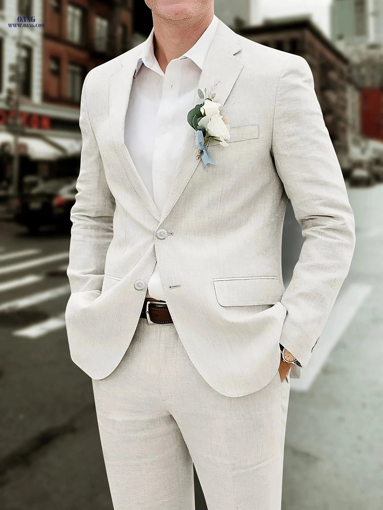 Stylish Men's Linen Two-Piece Suit - Perfect for Weddings & Business   OAXG Ivory White / FR S