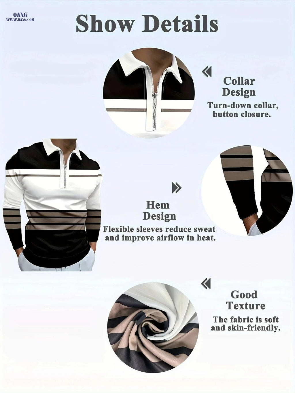 Stylish Men's Long-Sleeve Polo Shirt - Zipper, Striped Print Design   OAXG 