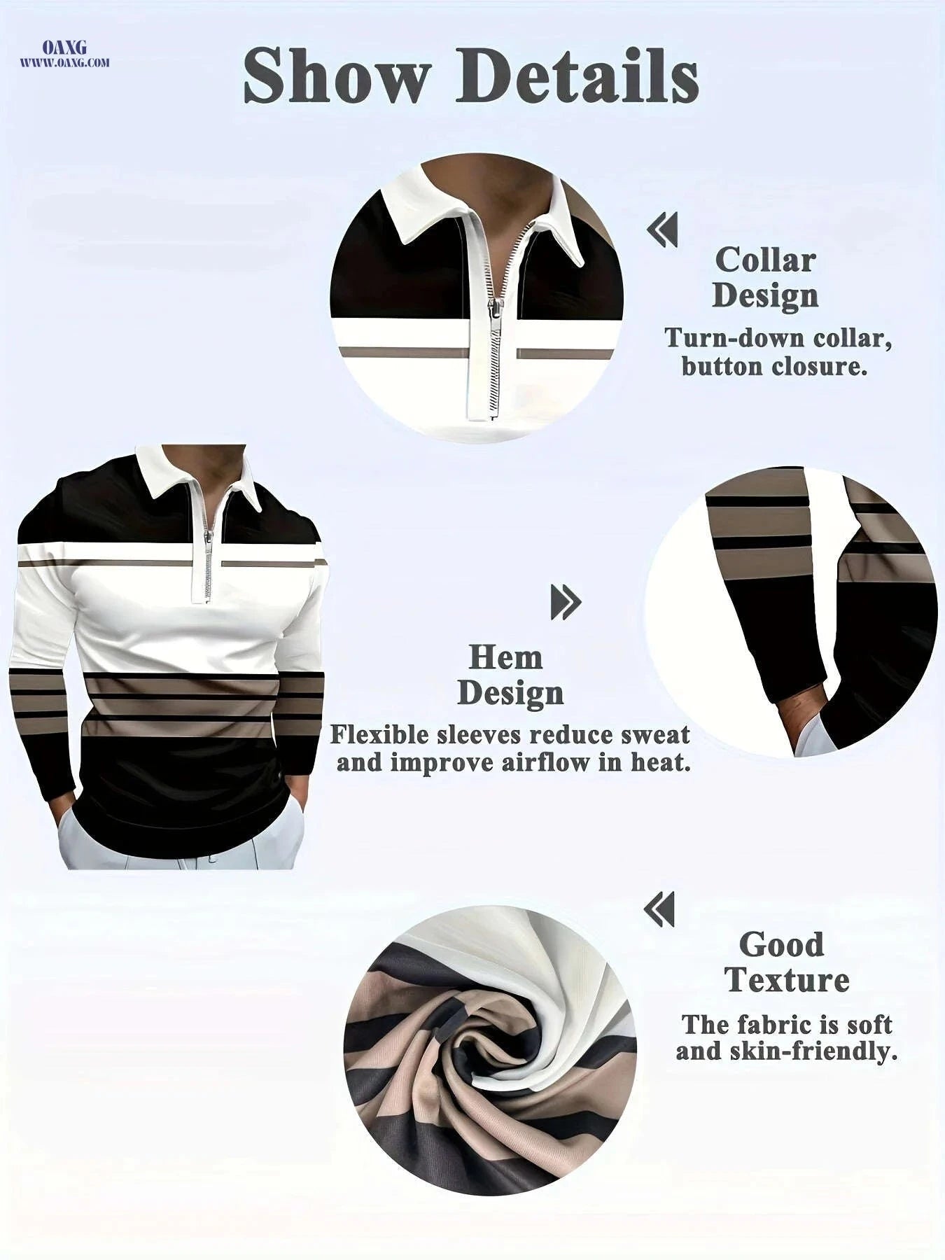 Stylish Men's Long-Sleeve Polo Shirt - Zipper, Striped Print Design   OAXG 