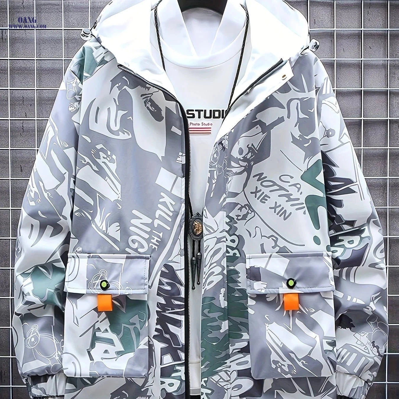 Stylish Men's Mid-Length Windbreaker Jacket - Hooded & Versatile   OAXG 