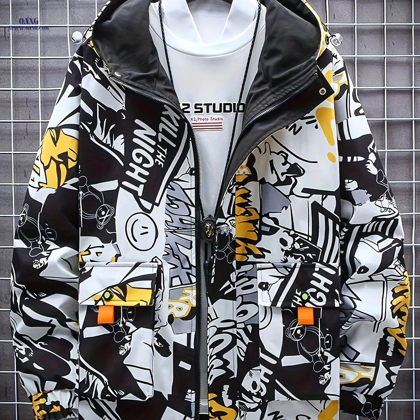 Stylish Men's Mid-Length Windbreaker Jacket - Hooded & Versatile   OAXG 