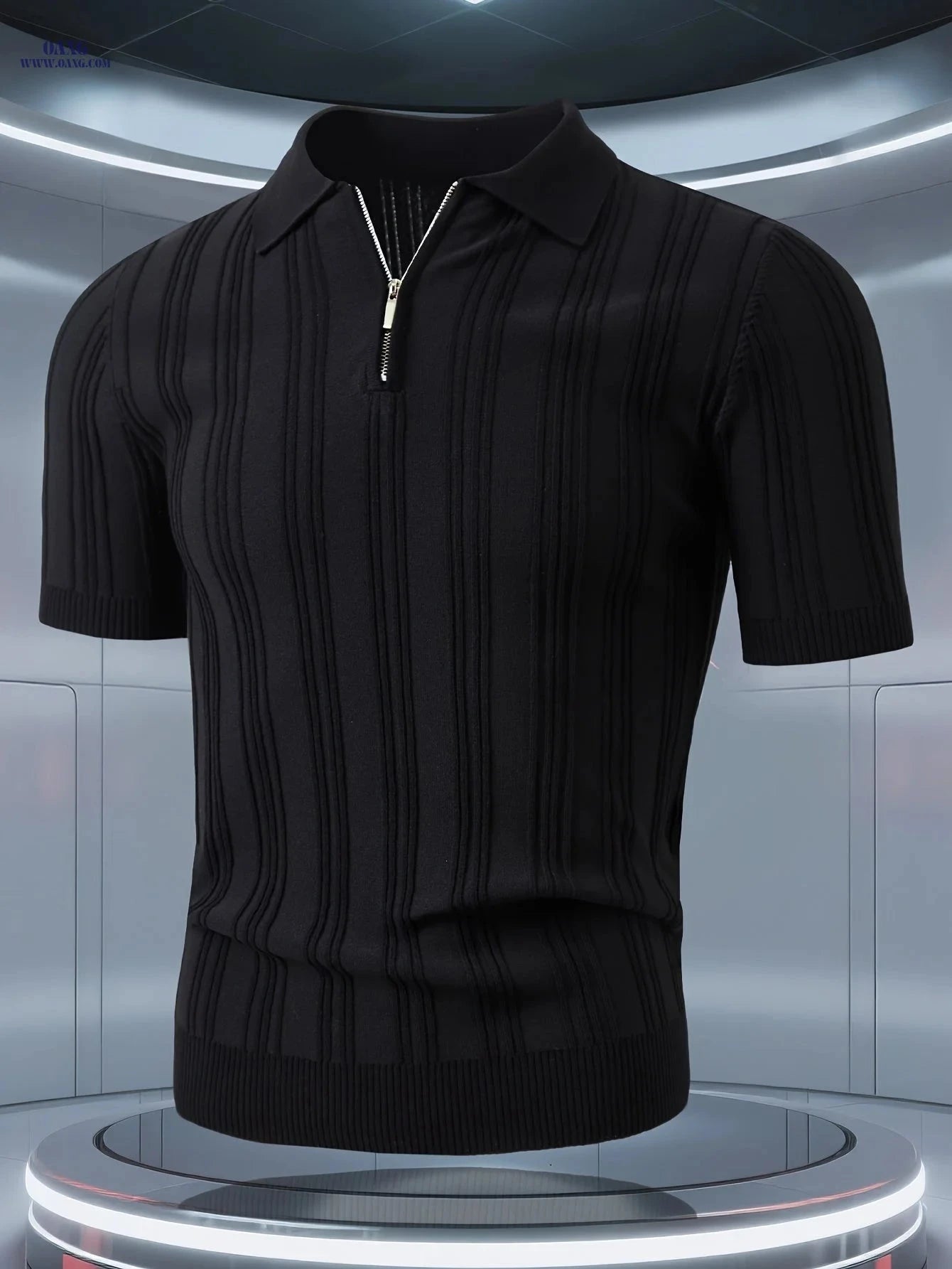 Stylish Men's Polo Shirt - Vertical Stripes, Quarter-Zip Design   OAXG 
