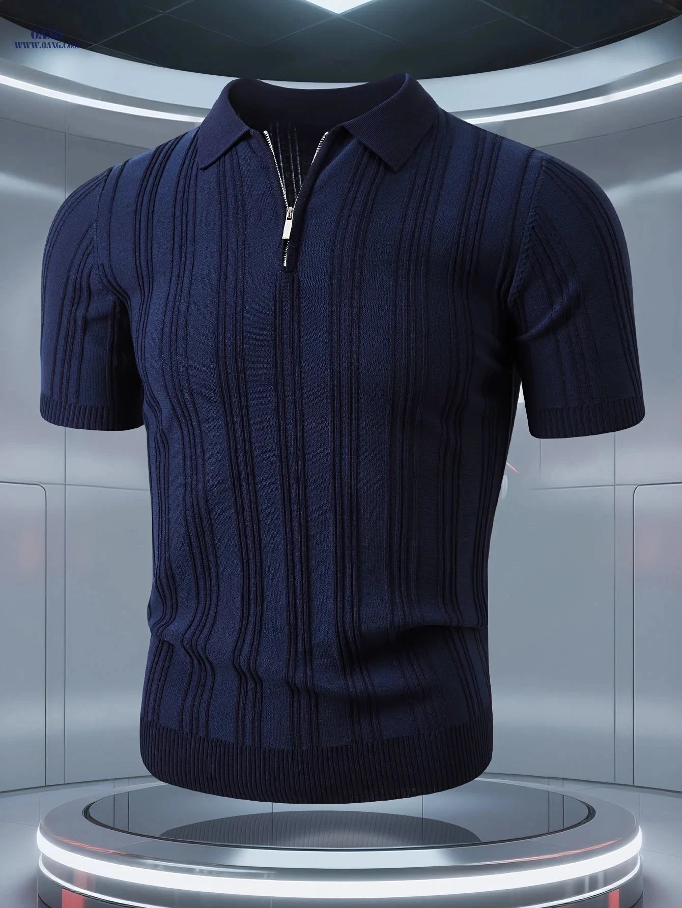 Stylish Men's Polo Shirt - Vertical Stripes, Quarter-Zip Design   OAXG 