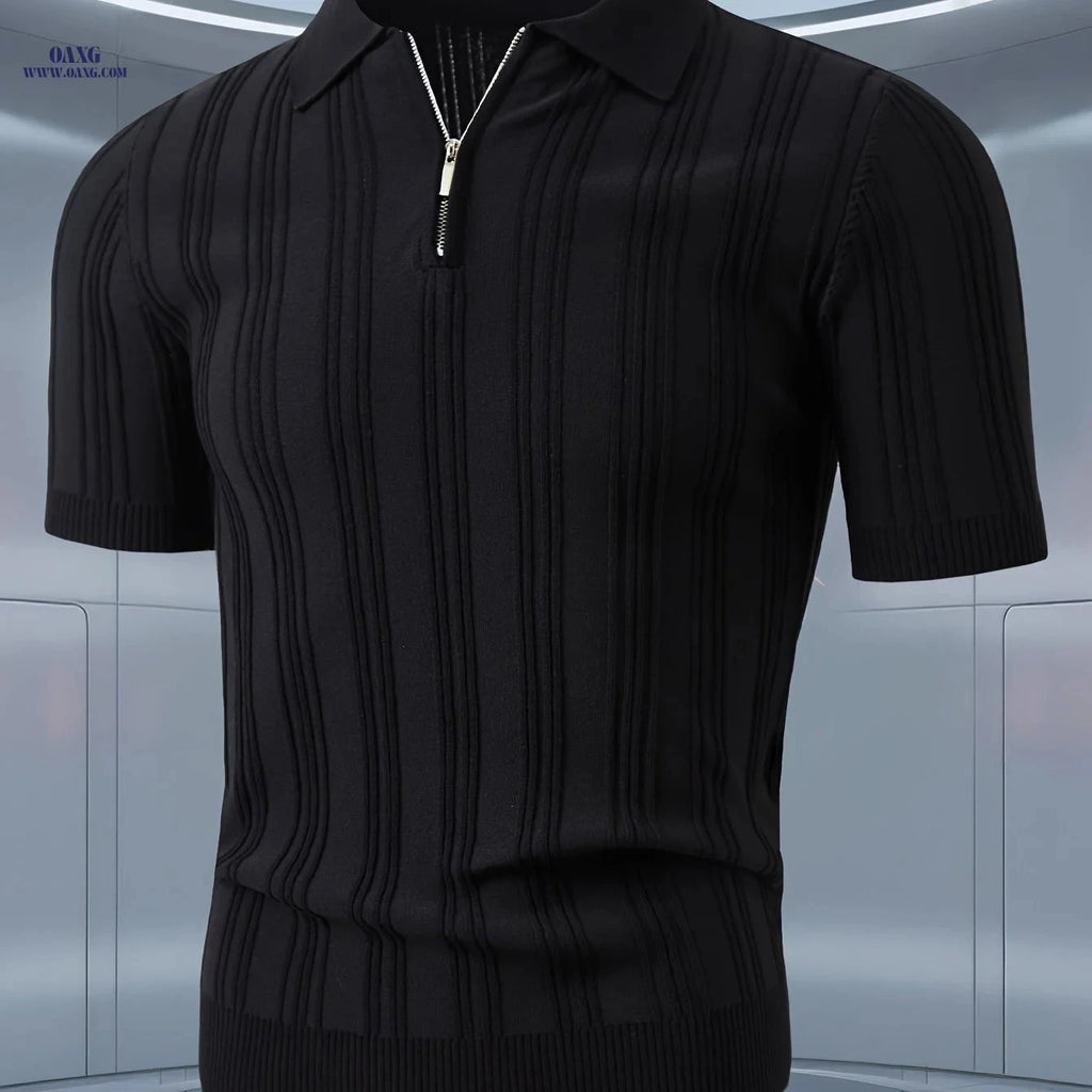 Stylish Men's Polo Shirt - Vertical Stripes, Quarter-Zip Design   OAXG Black / FR XS
