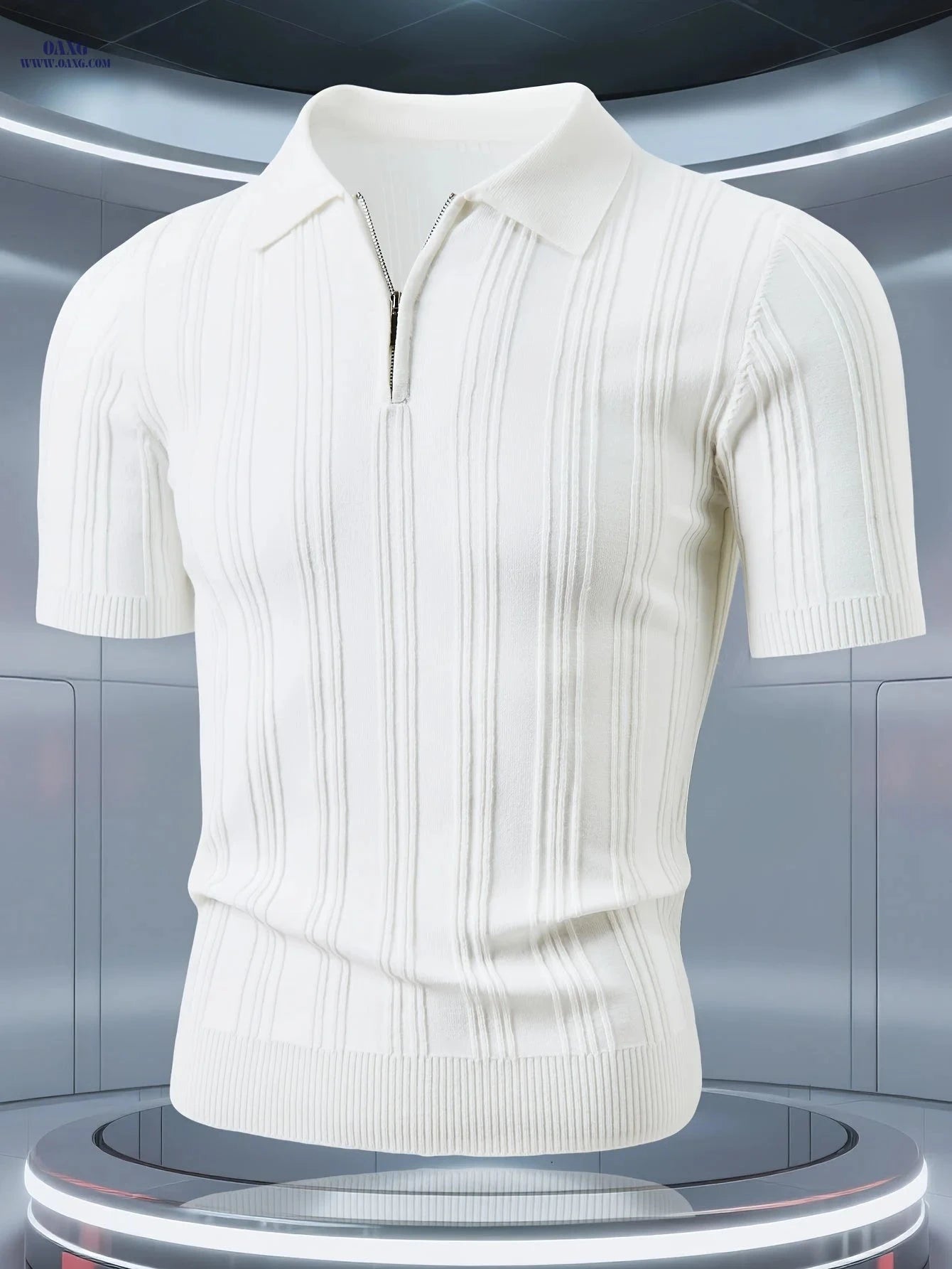 Stylish Men's Polo Shirt - Vertical Stripes, Quarter-Zip Design   OAXG 