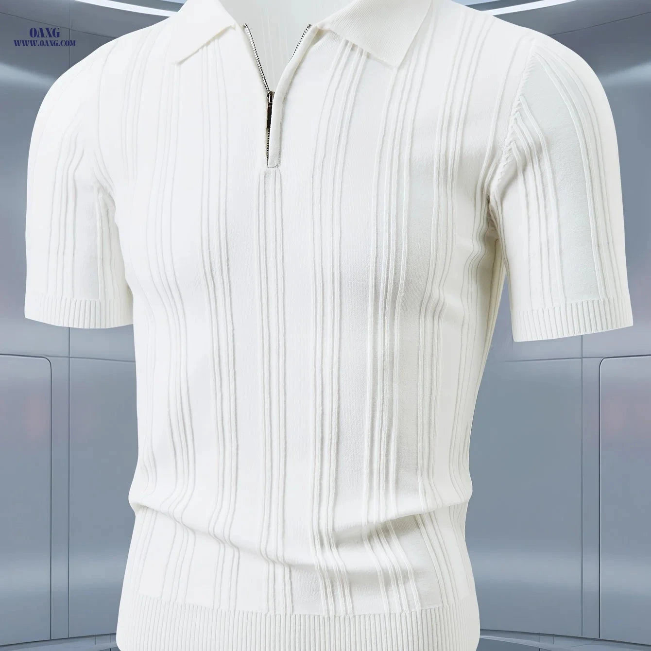 Stylish Men's Polo Shirt - Vertical Stripes, Quarter-Zip Design   OAXG 