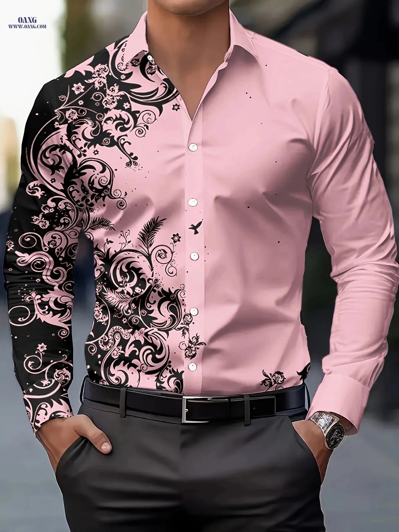 Stylish Men's Print Shirt - Casual Long-Sleeve Button-Up for Spring   OAXG 