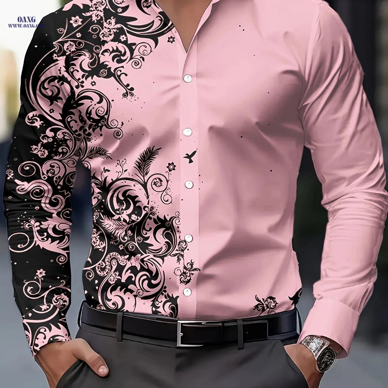 Stylish Men's Print Shirt - Casual Long-Sleeve Button-Up for Spring   OAXG Red / FR S