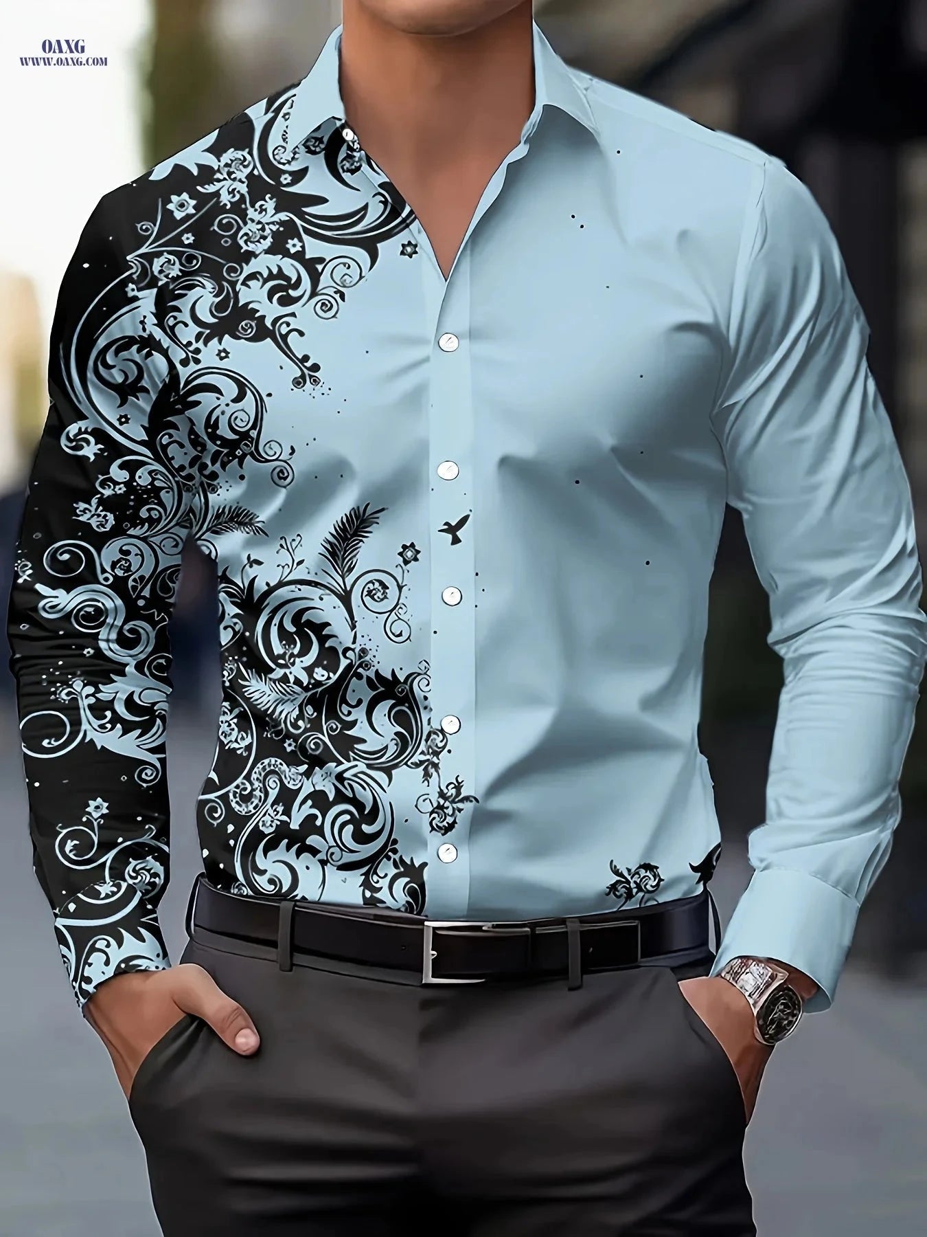 Stylish Men's Print Shirt - Casual Long-Sleeve Button-Up for Spring   OAXG Red / FR S