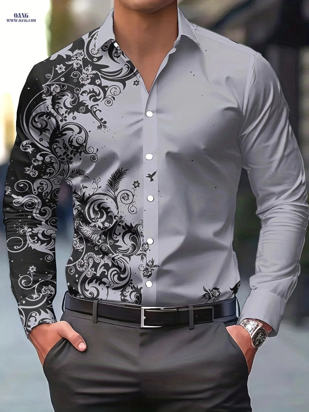 Stylish Men's Print Shirt - Casual Long-Sleeve Button-Up for Spring   OAXG Red / FR S