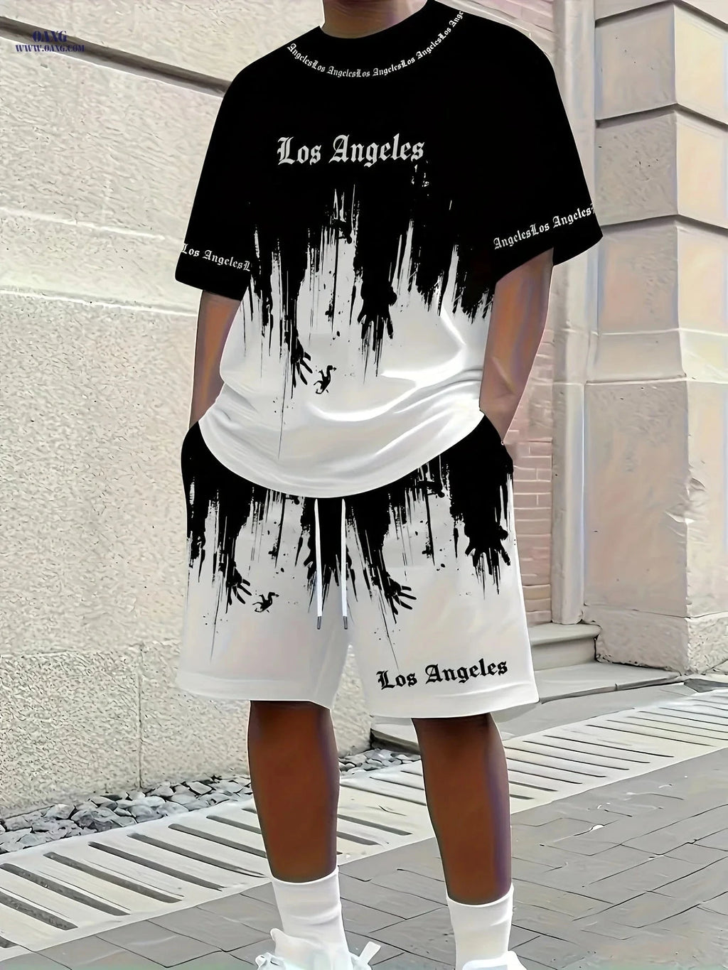 Stylish Men's Short-Sleeve Tracksuit - 3D Los Angeles Print   OAXG Black / FR S