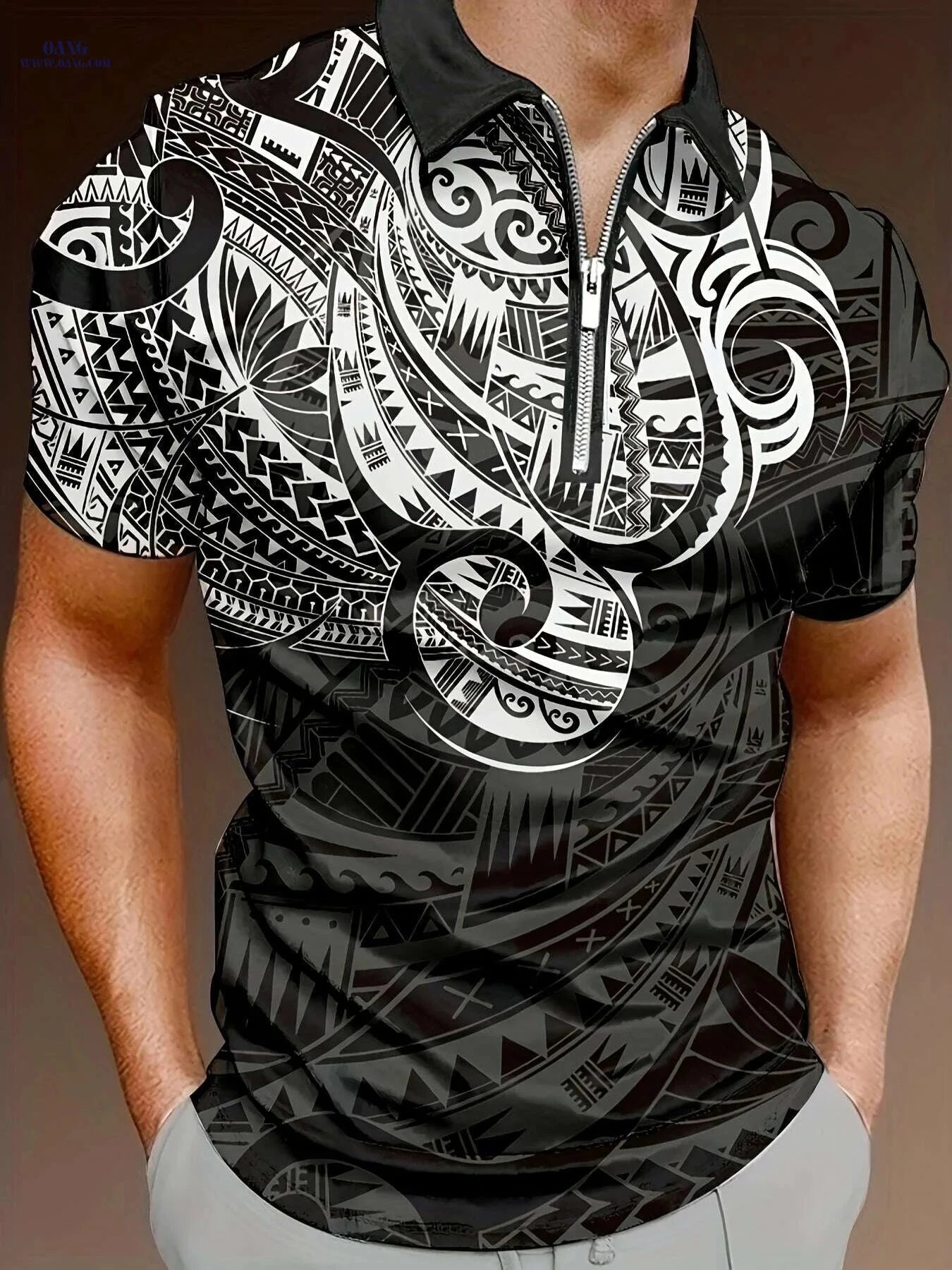 Stylish Men's Short Sleeve Zipper Lapel Shirt - Geometric Pattern   OAXG Black / M