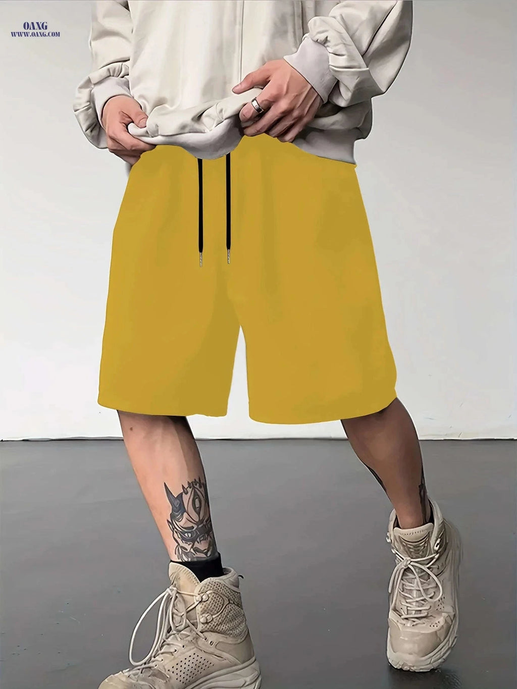 Stylish Men's Solid Color Shorts - Casual Drawstring Pocket Design   OAXG Yellow / FR XS