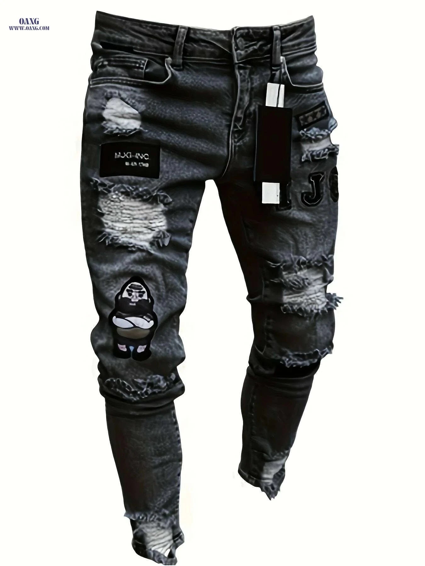 Stylish Men’s Stretchy Ripped Jeans - Slim Fit Gray Denim   OAXG grey / S
