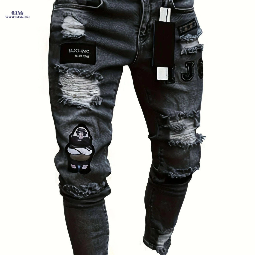Stylish Men’s Stretchy Ripped Jeans - Slim Fit Gray Denim   OAXG grey / S