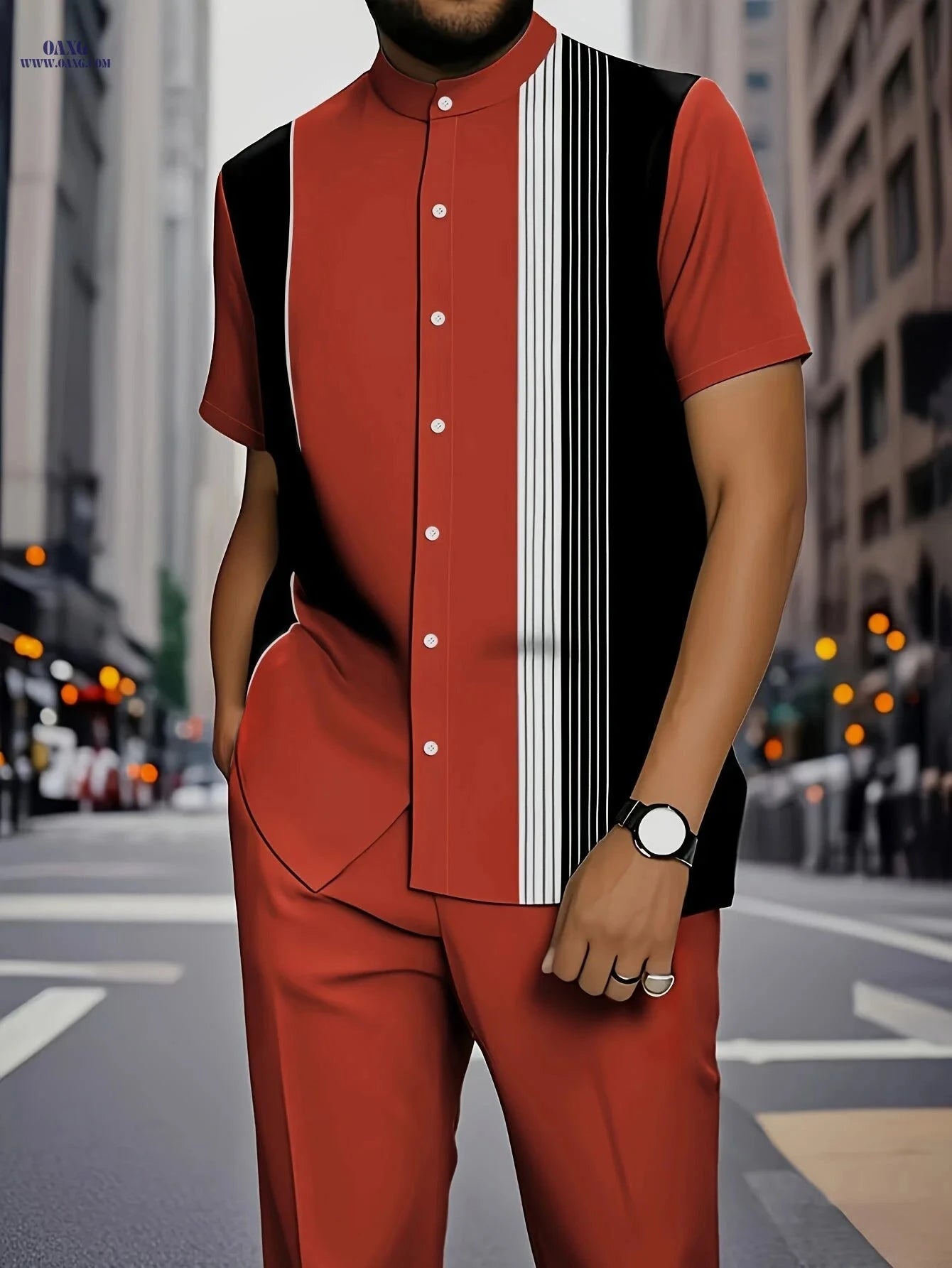 Stylish Men's Stripe Print Short-Sleeve Shirt & Trouser Set   OAXG 